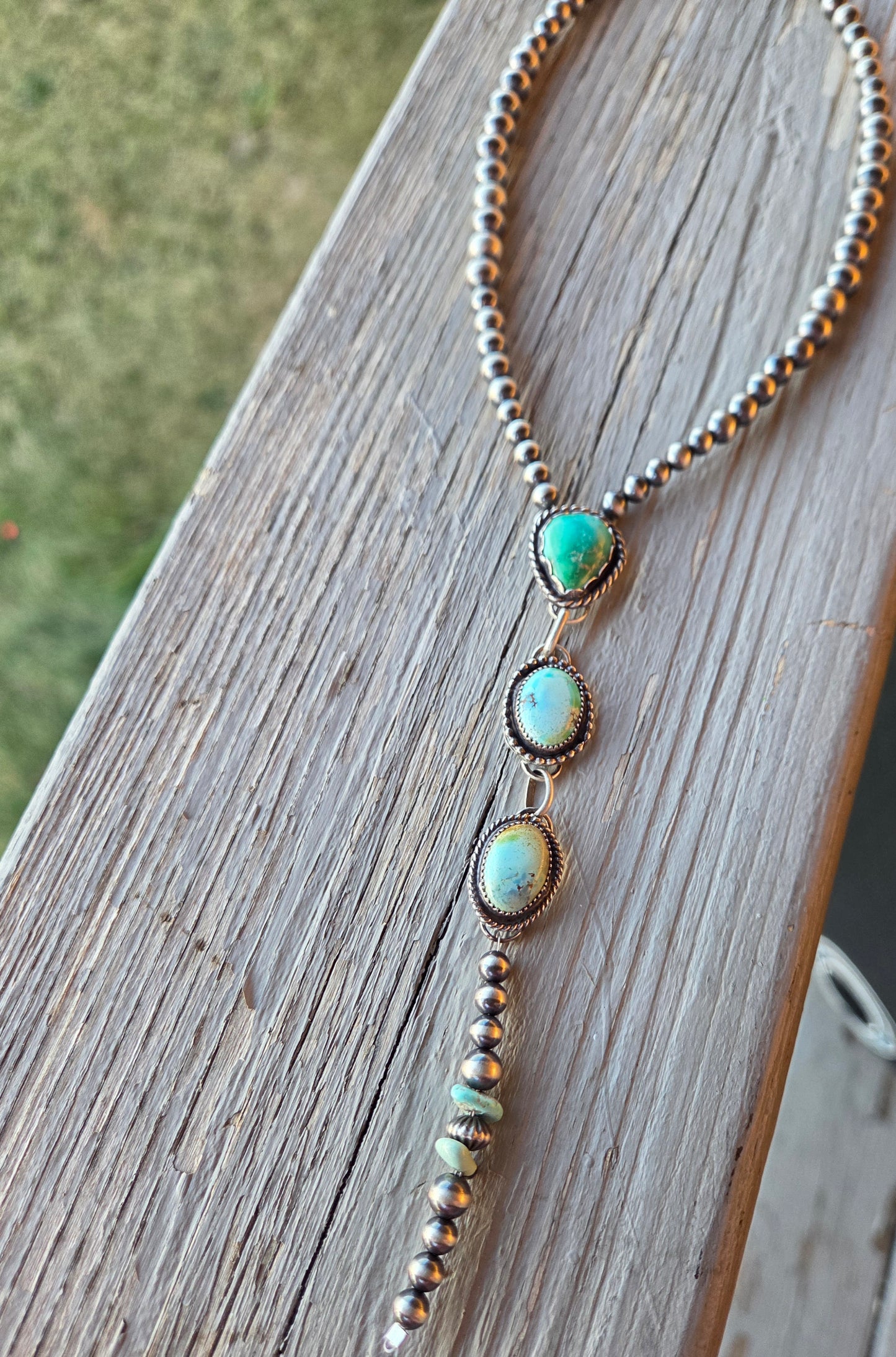 Emerald & Golden Hill Turquoise & Sterling Silver Navajo Style Pearl • 15.5 inches with 5.5 inch drop