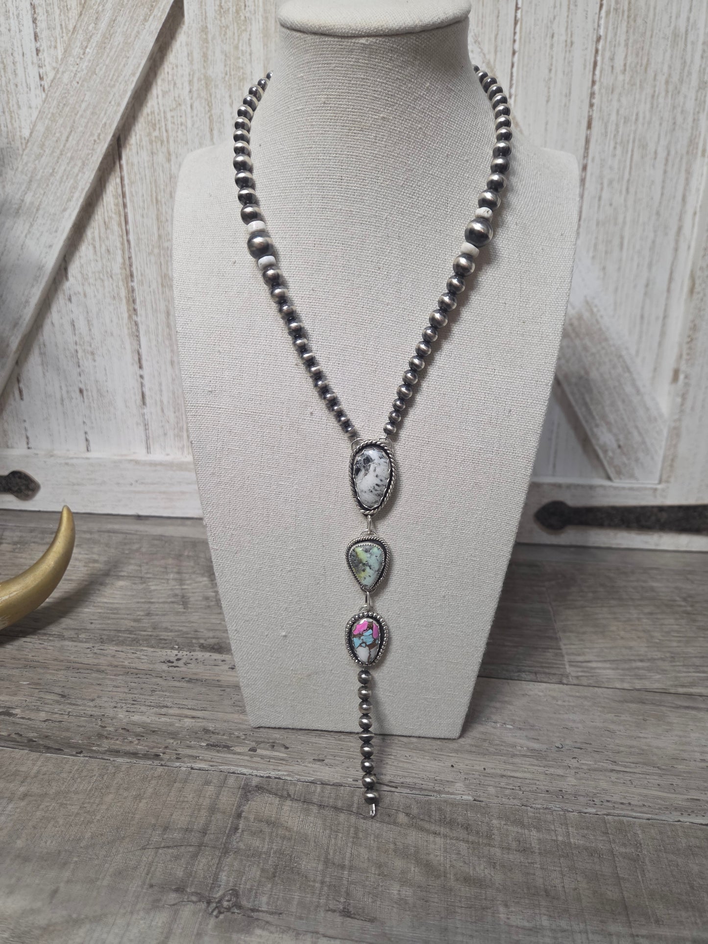 Lariat White Buffalo, Palomino, CottonCandy & Sterling Silver Navajo Style Pearl • 16 inches with 6 inch drop