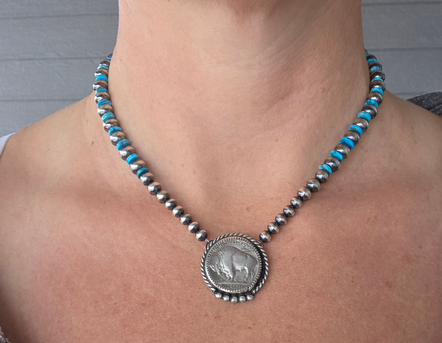 Buffalo Coin•Turquoise • Sterling Silver Navajo Style Pearls