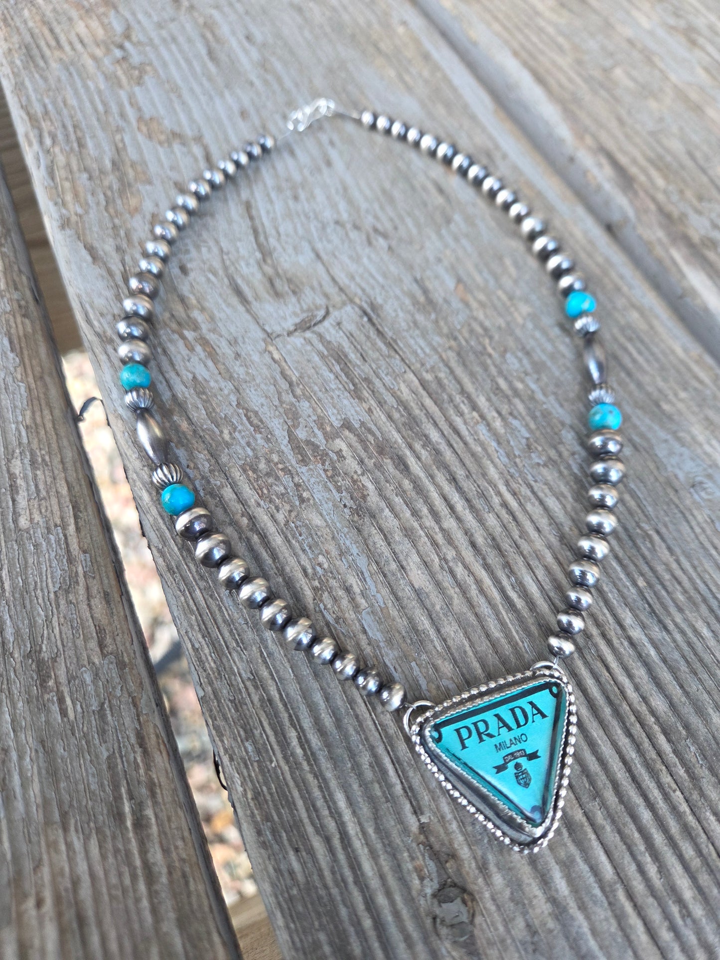 Prada glass Cab• Sterling Silver Pearls with Turquoise beads