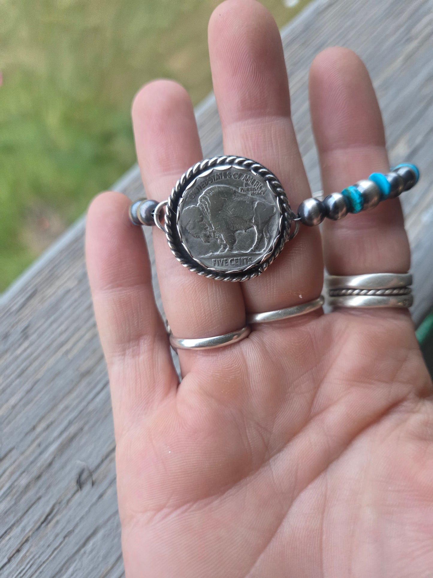 Buffalo Coin•Sterling Silver Navajo Style Pearl • Turquoise Sterling Silver Adjustable clasp.  fits size 6.25-8