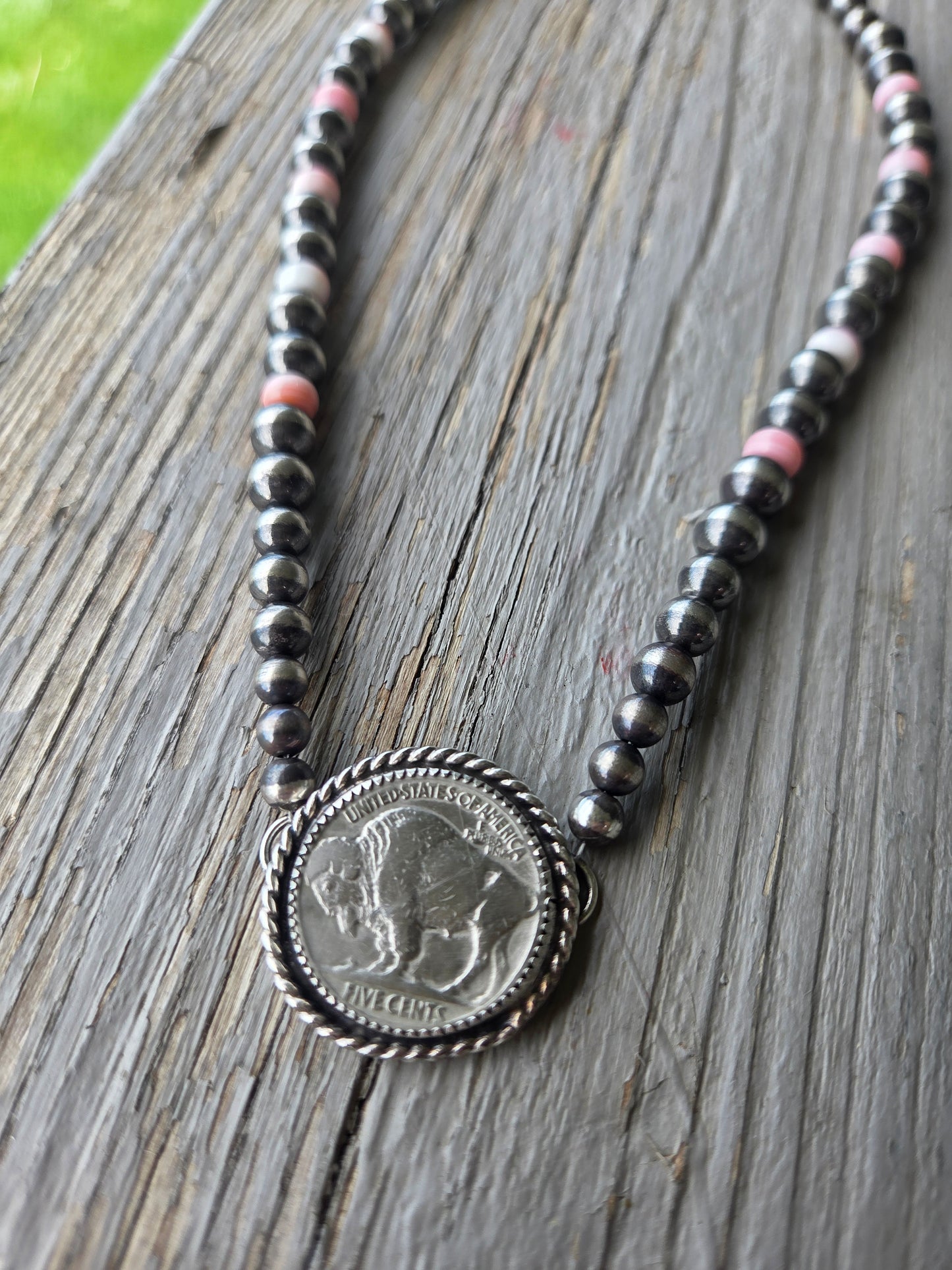 Buffalo Coin  & Pink Conch • Sterling Silver Pearls