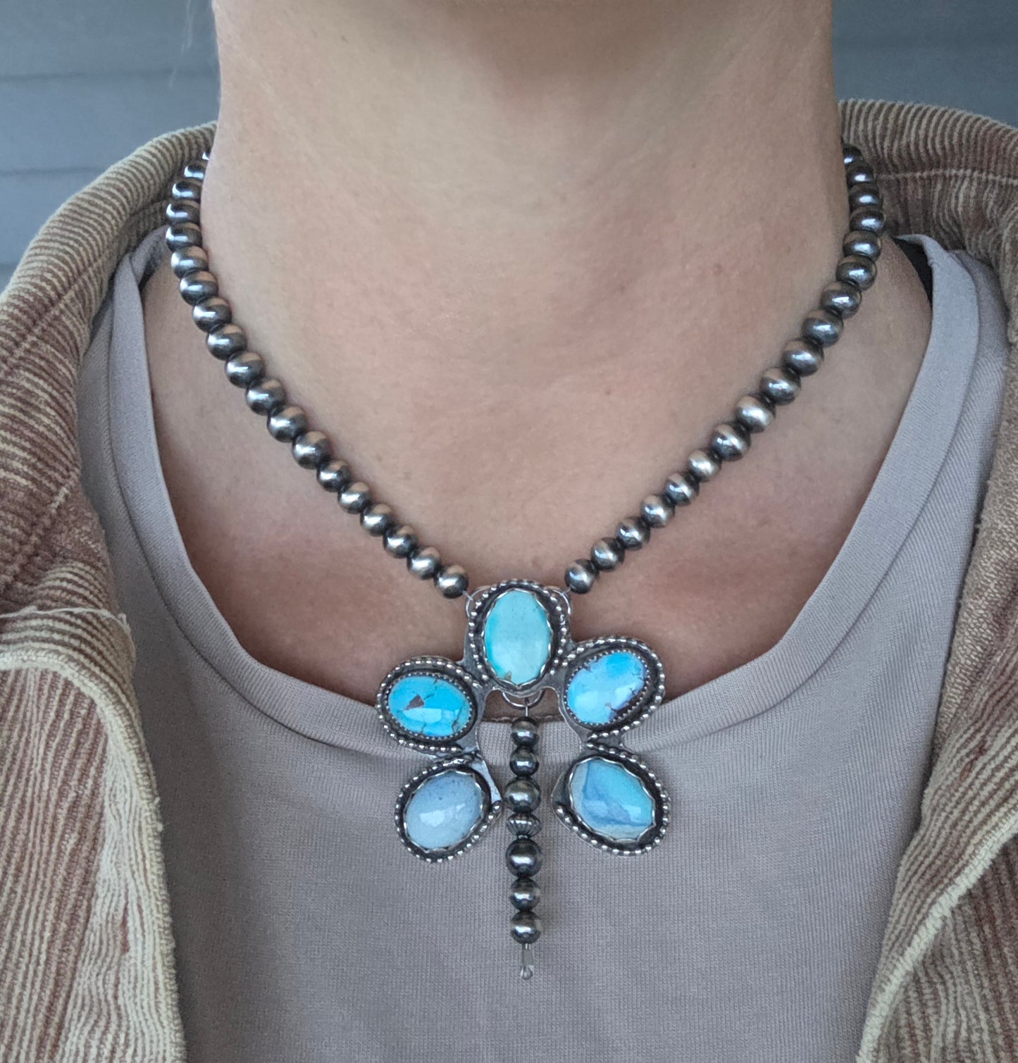 Golden Hill Turquoise & Sterling Silver Navajo Style Pearls. 16 inches