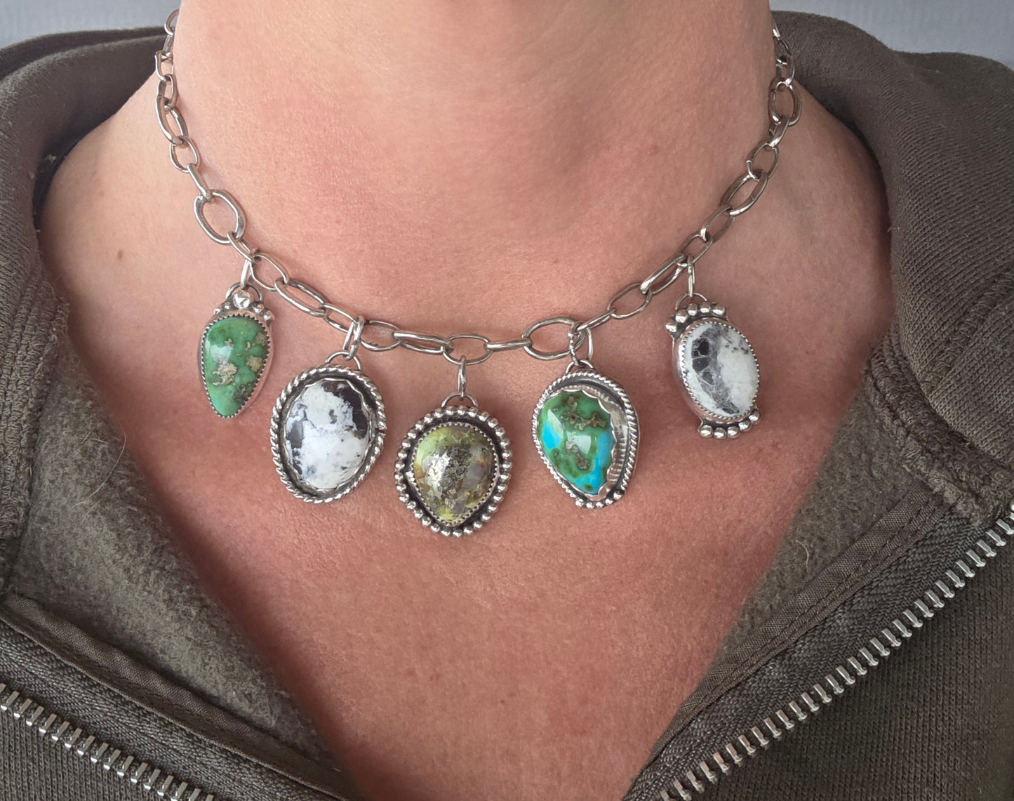 Choker Charm• Sonoran Turquoise • White Buffalo • Palomino •Adjustable up to 14.5 inches.