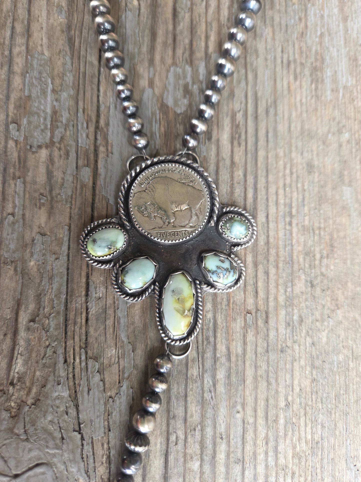 Buffalo Coin• Palomino & Sterling Silver Navajo Style Pearls. 16 inches