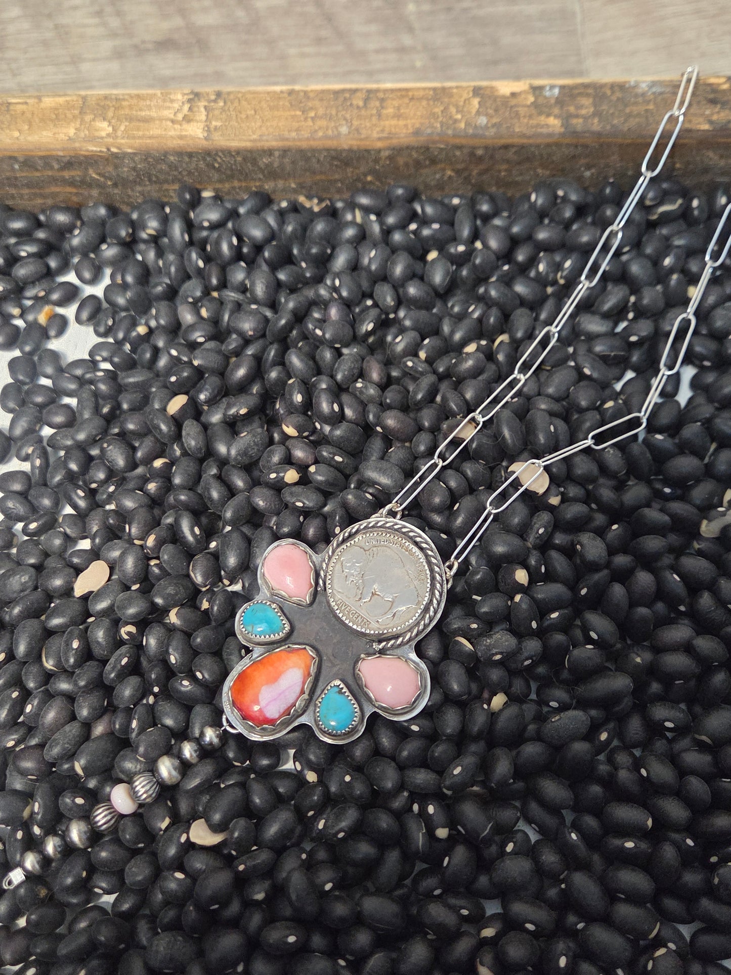 Buffalo Coin•Pink Spiny• Kingsmen Turquoise • Pink Conch with sterling pearls. 18 inches-adjustable chain