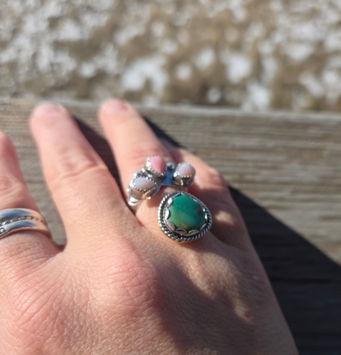 Pink Conch & Emerald Valley Turquoise Wrap ring