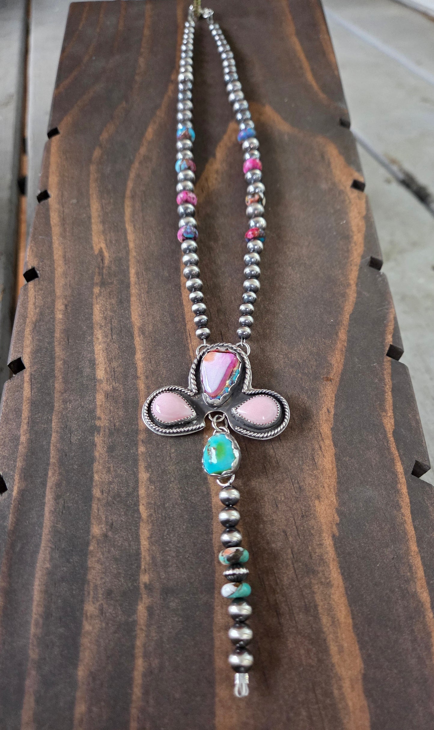 Pink Spiny• Pink Conch • Sonoran Mountain • Sterling Pearls• Purple & Orange Spiny beads.5 inches with 6 inch drop