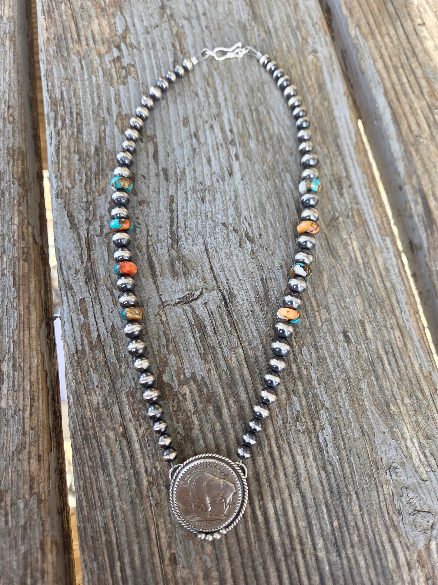 Buffalo Coin• Spiny Oyster Kingsmen Turquoise • Sterling Silver Navajo Style Pearl