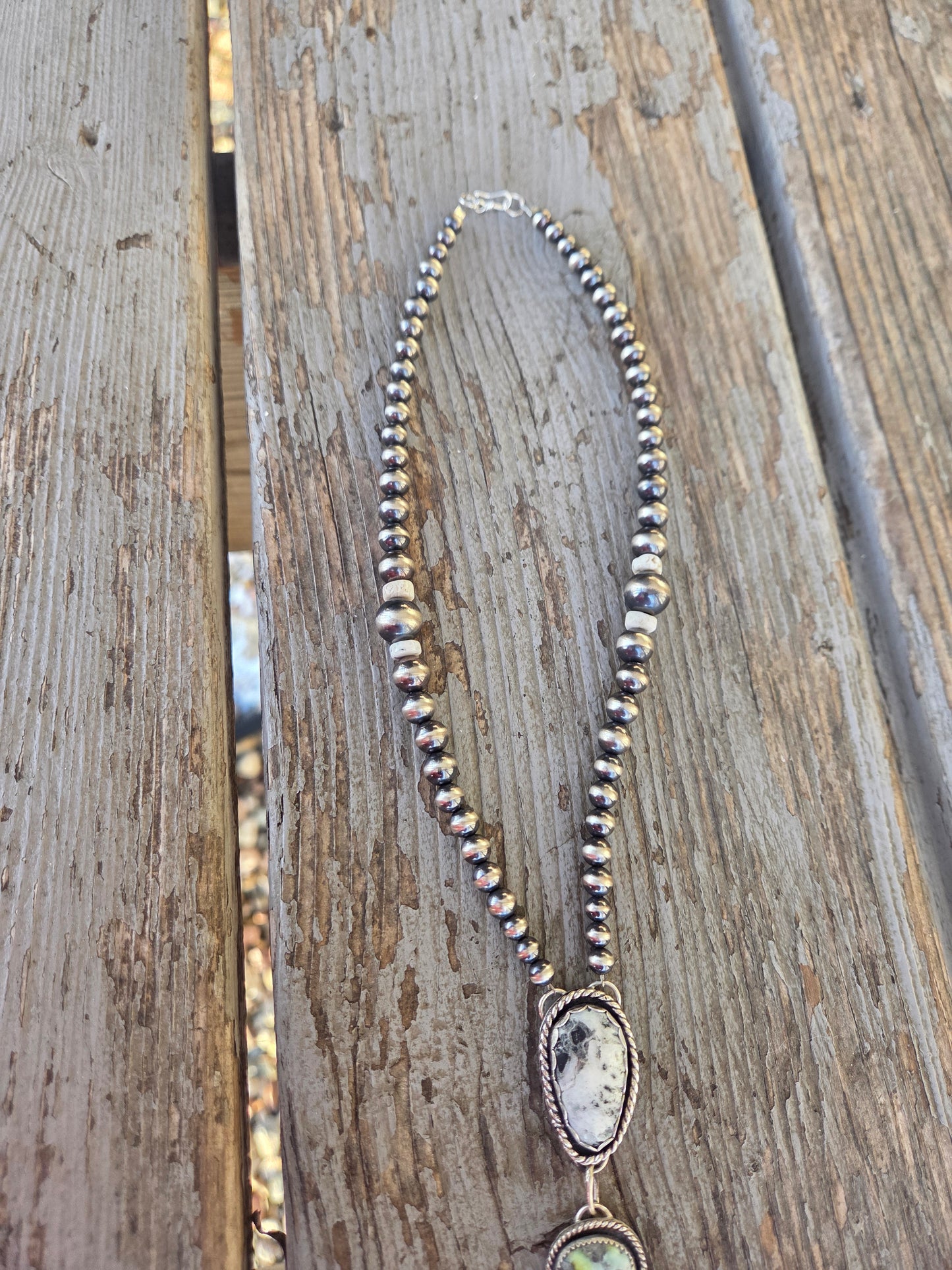 Lariat White Buffalo, Palomino, CottonCandy & Sterling Silver Navajo Style Pearl • 16 inches with 6 inch drop