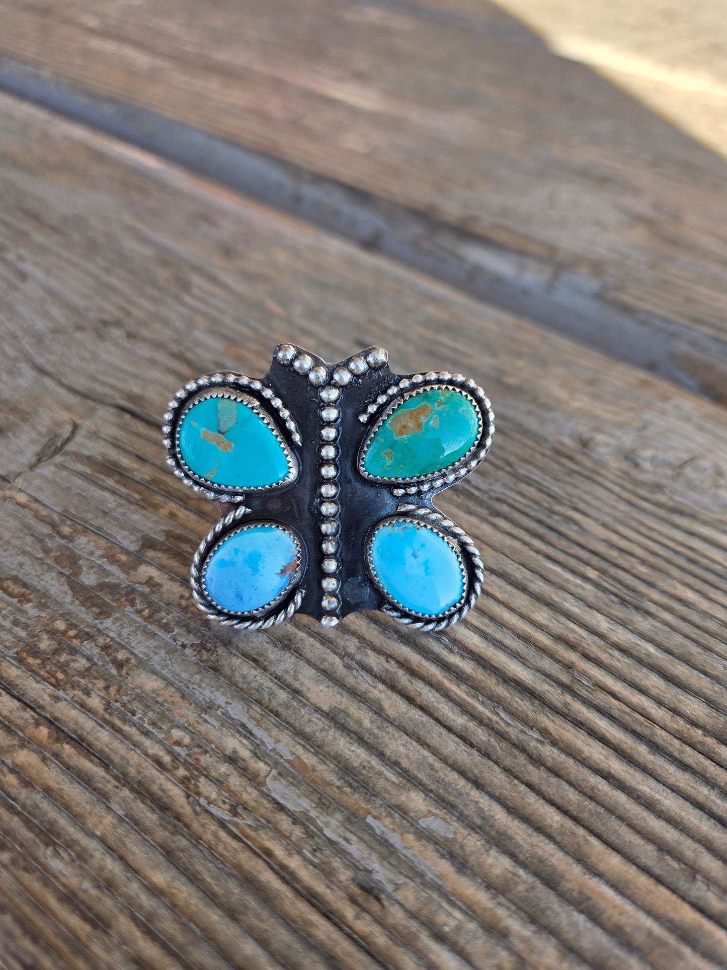 Butterfly Ring Chilean Turquoise & Golden Hill Turquoise Size 7