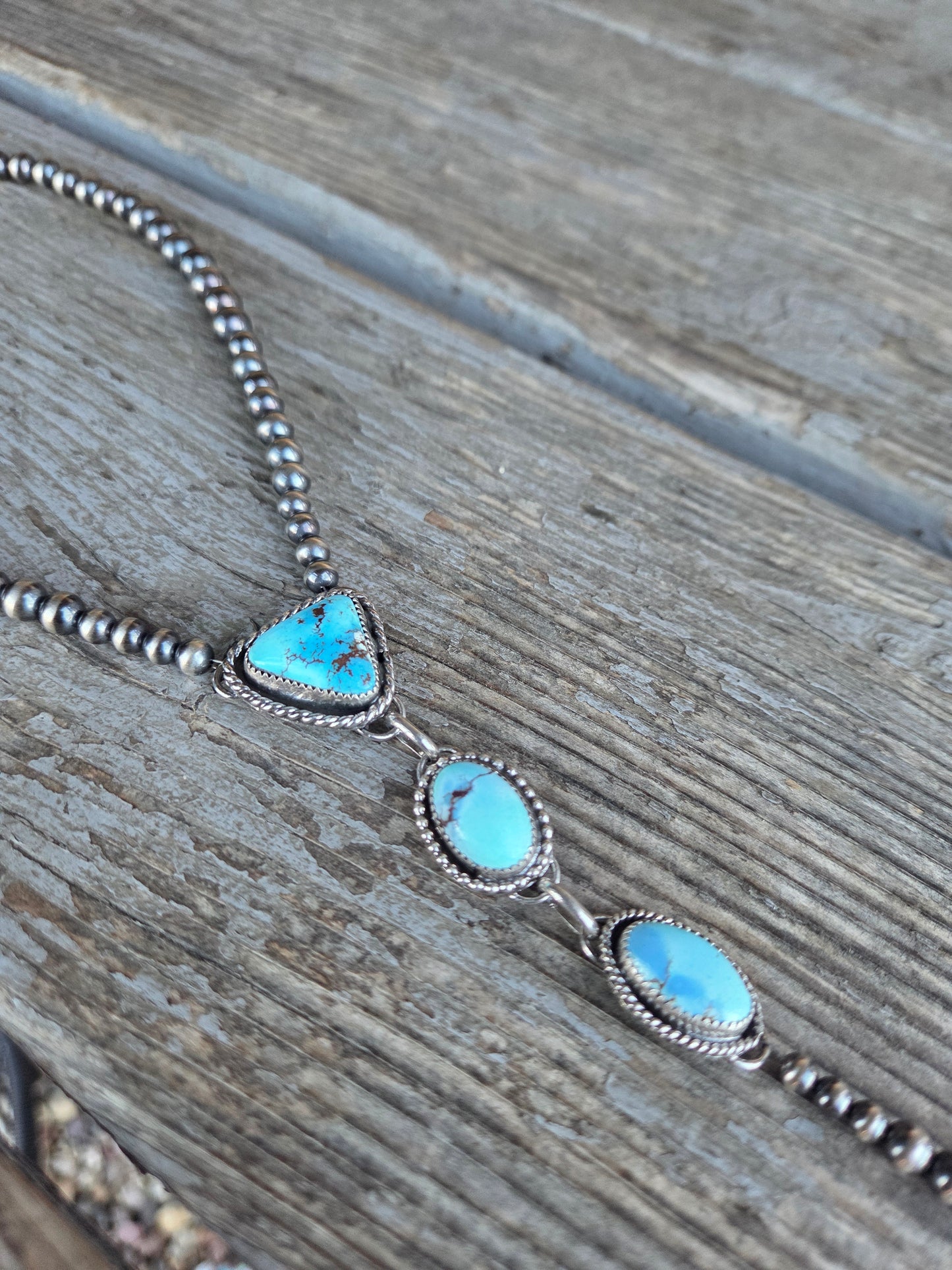 Lariet Golden Hill Turquoise & Sterling Silver Navajo Style Pearl • 16 inches with 6 inch drop