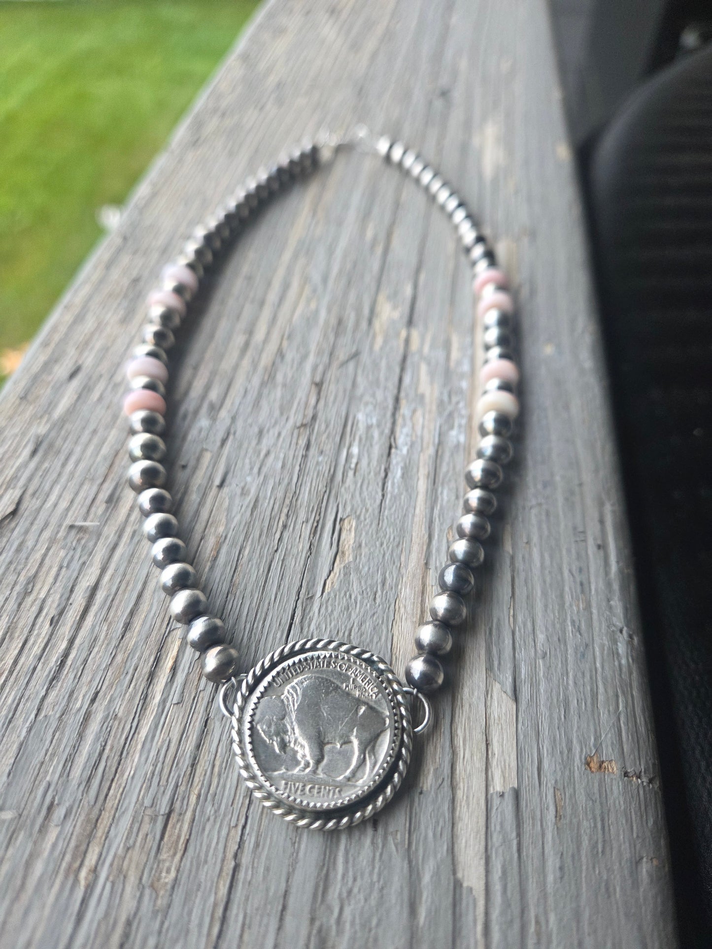 Buffalo Coin • Pink Conch • Sterling Silver Navajo Style Pearl