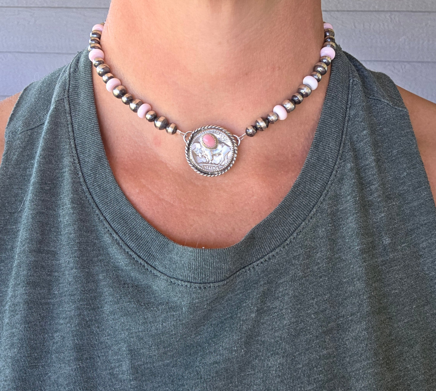 Buffalo Coin  & Pink Conch • Sterling Silver Pearls