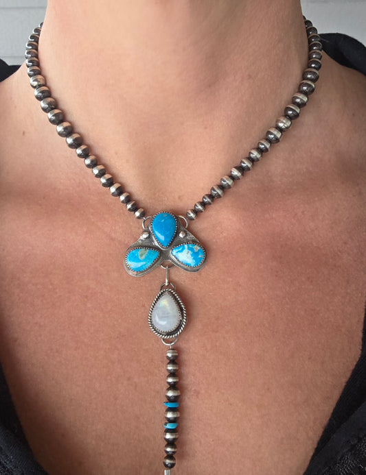 Blue Bird Turquoise & Moonstone Lariat & Sterling Silver Navajo Style Pearls 16 inches