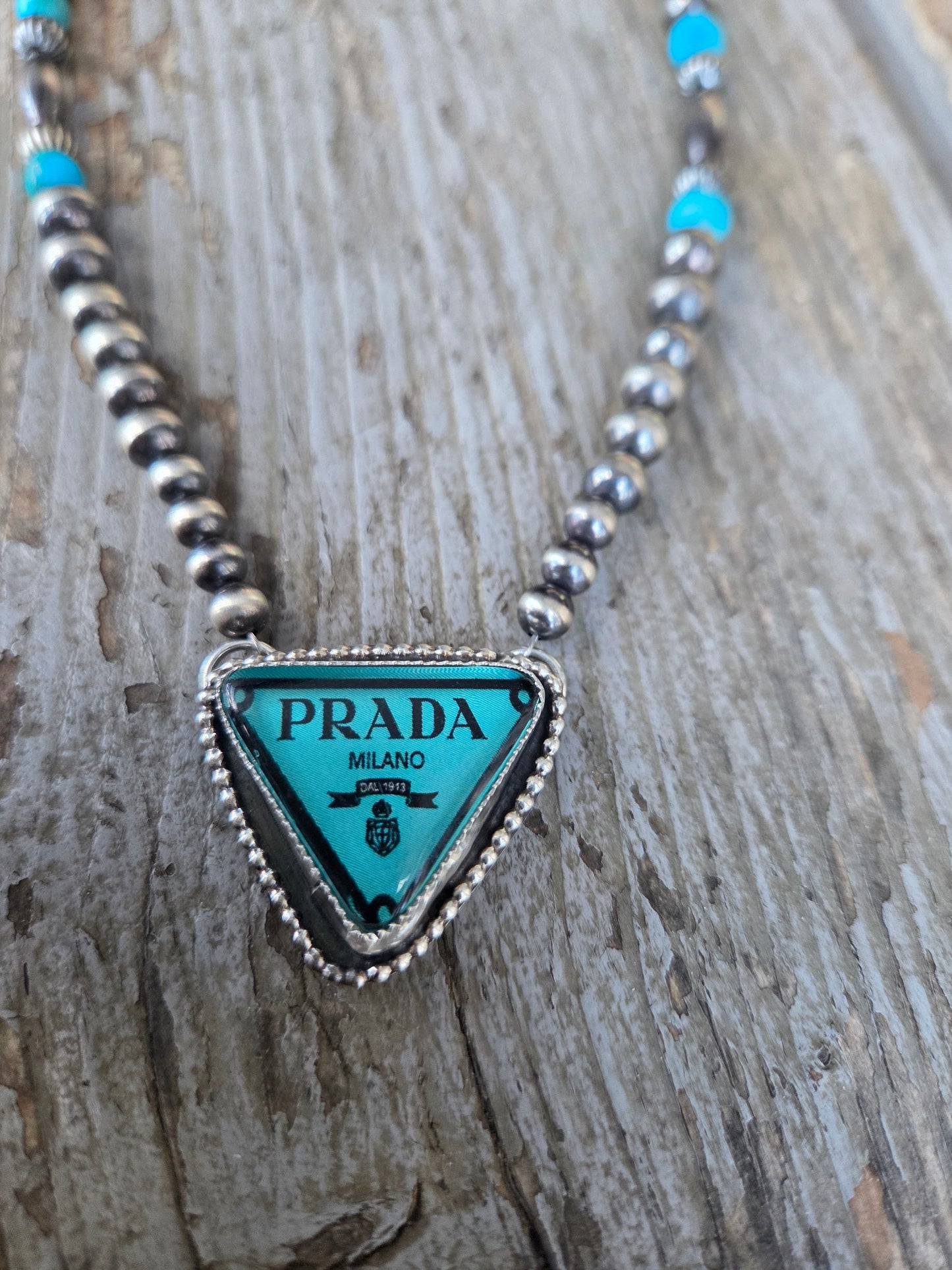 Prada glass Cab• Sterling Silver Pearls with Turquoise beads