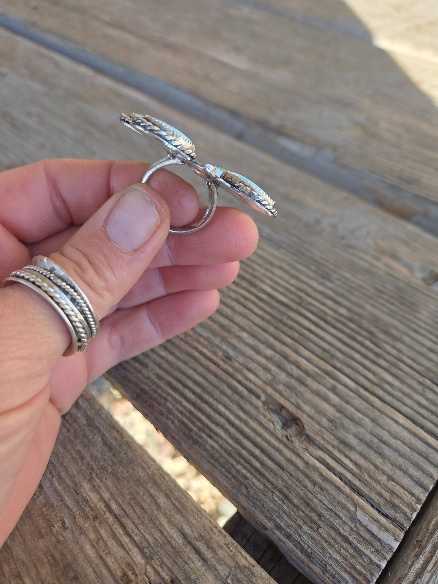 Butterfly Ring Chilean Turquoise & Golden Hill Turquoise Size 7