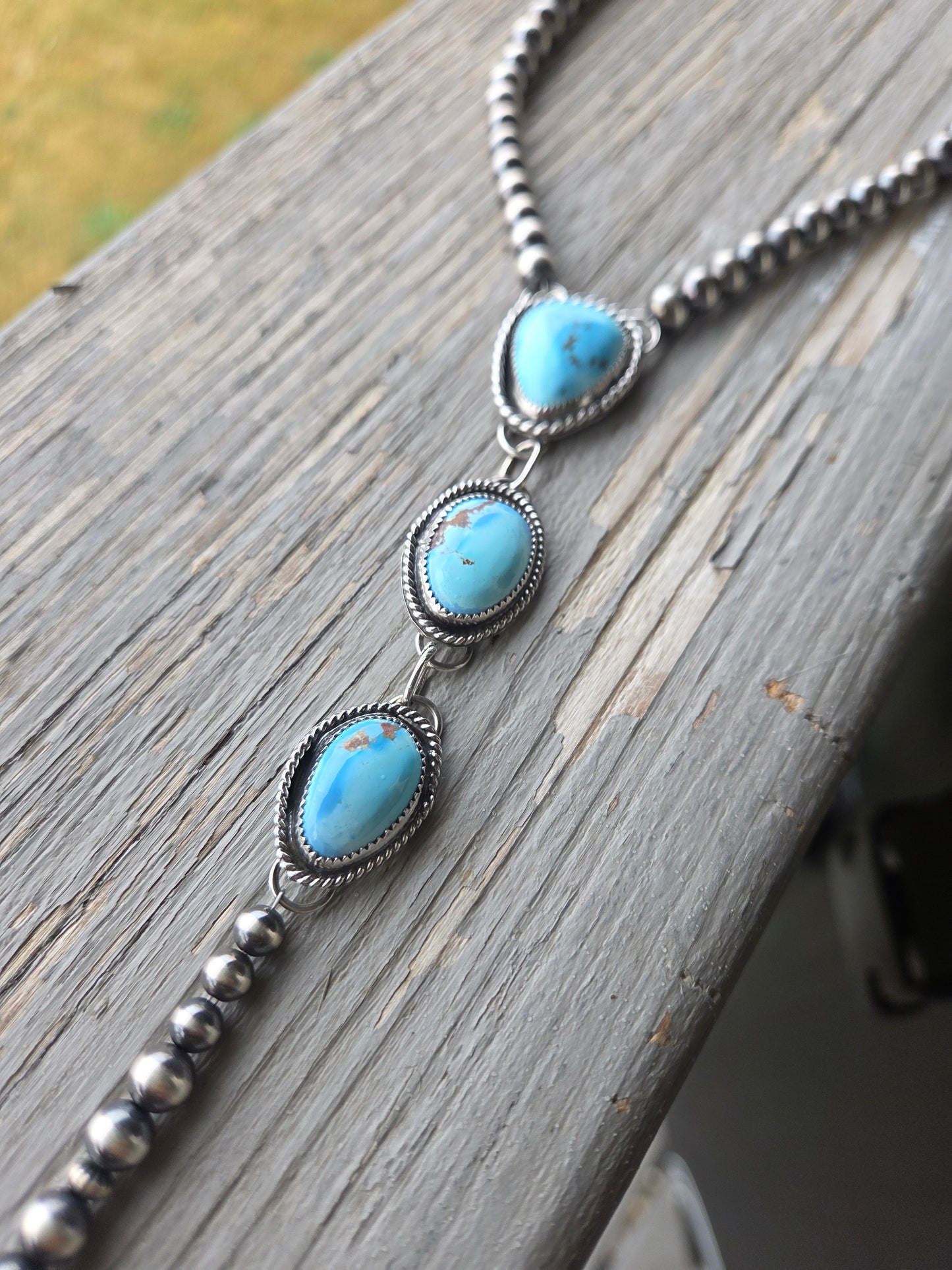 Choker Lariet Golden Hill Turquoise & Sterling Silver Navajo Style Pearl • 15.5 inches with 6 inch drop