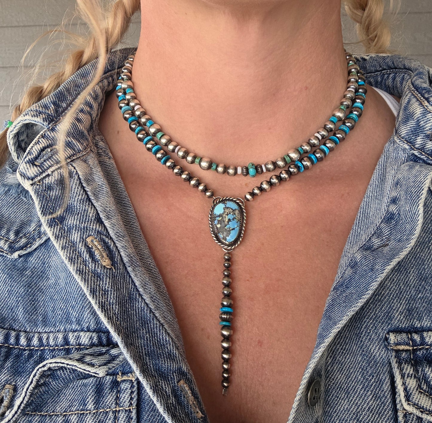 Golden Hill Turquoise Lariat & Sterling Silver Navajo Style Pearls & Turquoise 16 inches