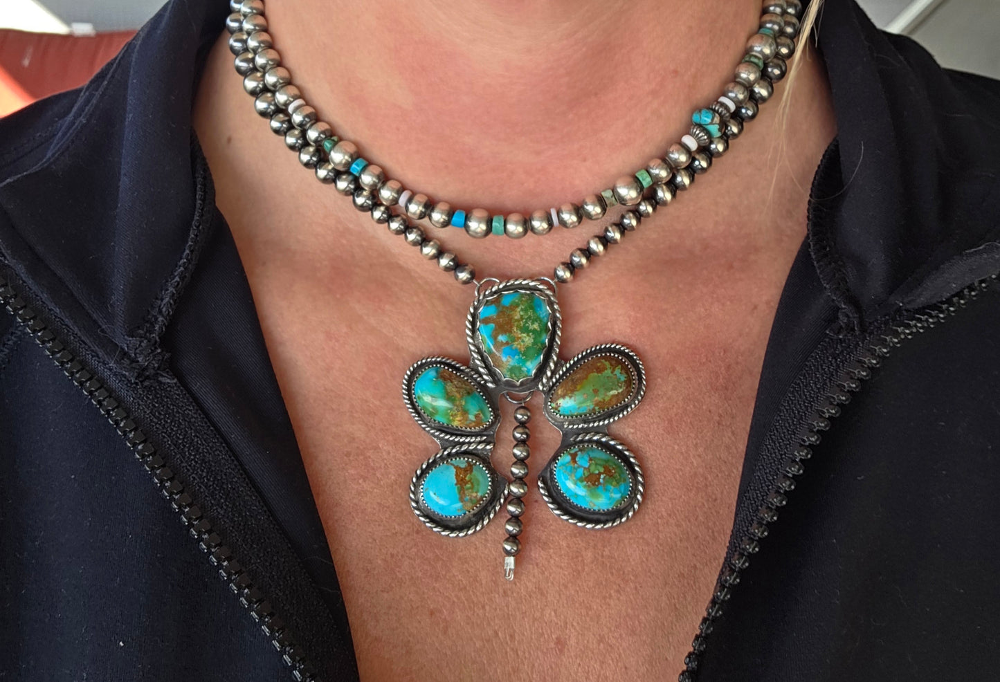 Sonoran Turquoise & Sterling Silver Navajo Style Pearls. 16 inches