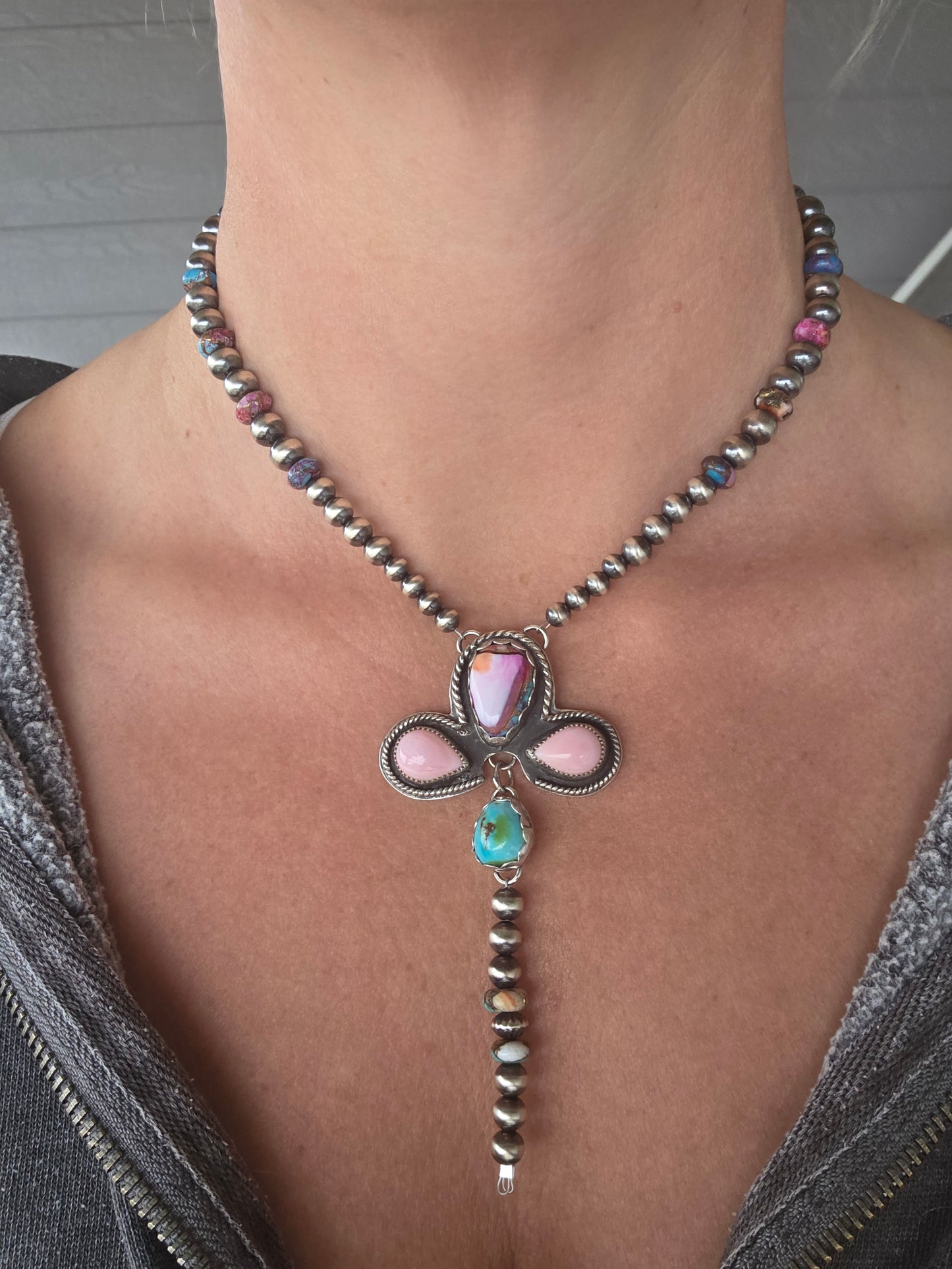 Pink Spiny• Pink Conch • Sonoran Mountain • Sterling Pearls• Purple & Orange Spiny beads.5 inches with 6 inch drop