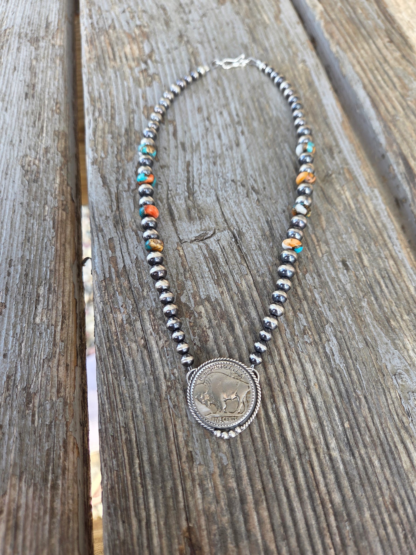 Buffalo Coin• Spiny Oyster Kingsmen Turquoise • Sterling Silver Navajo Style Pearl