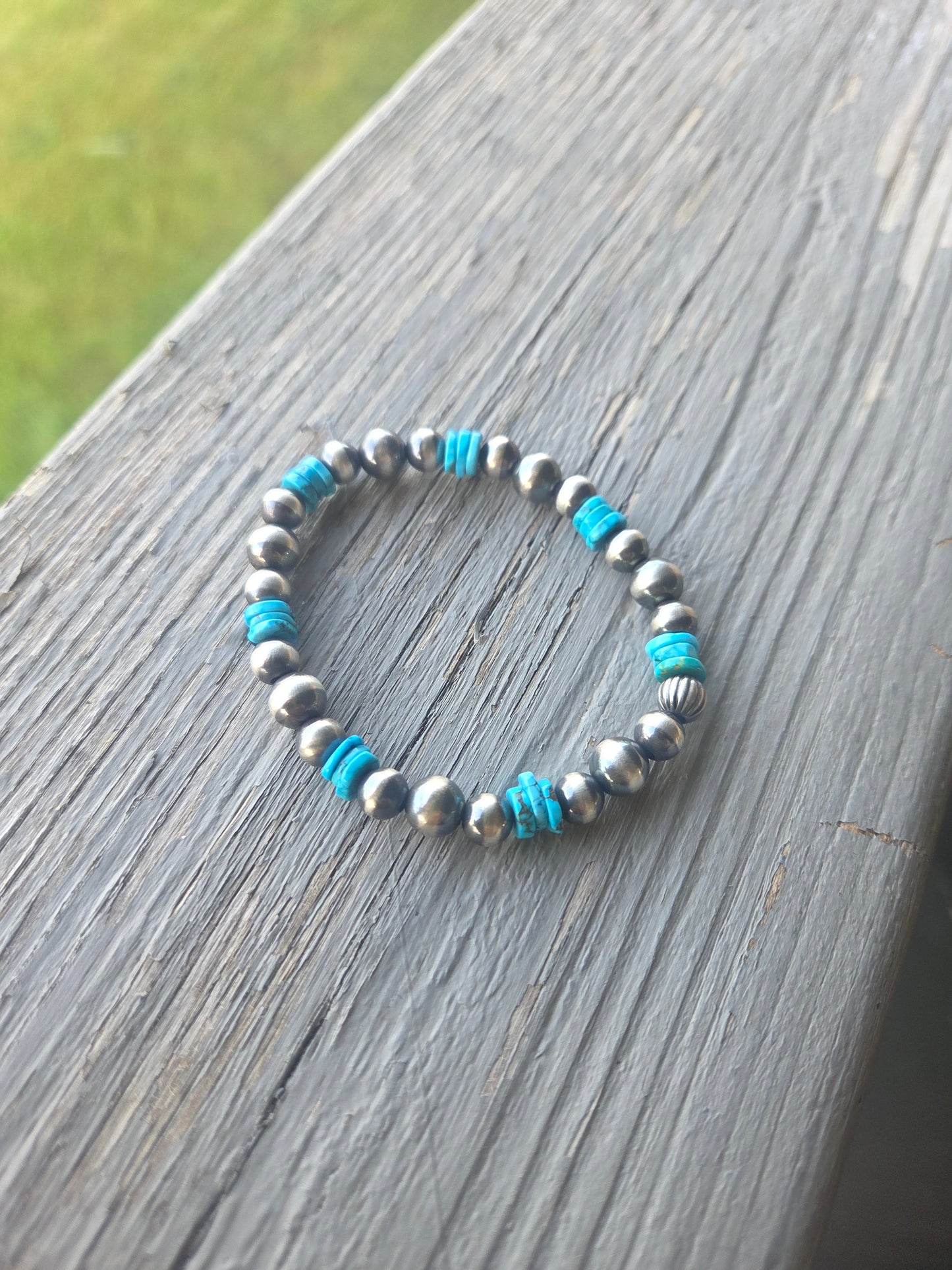 Turquoise & Sterling Silver Navajo Style Pearls.  Stretch Bracelet