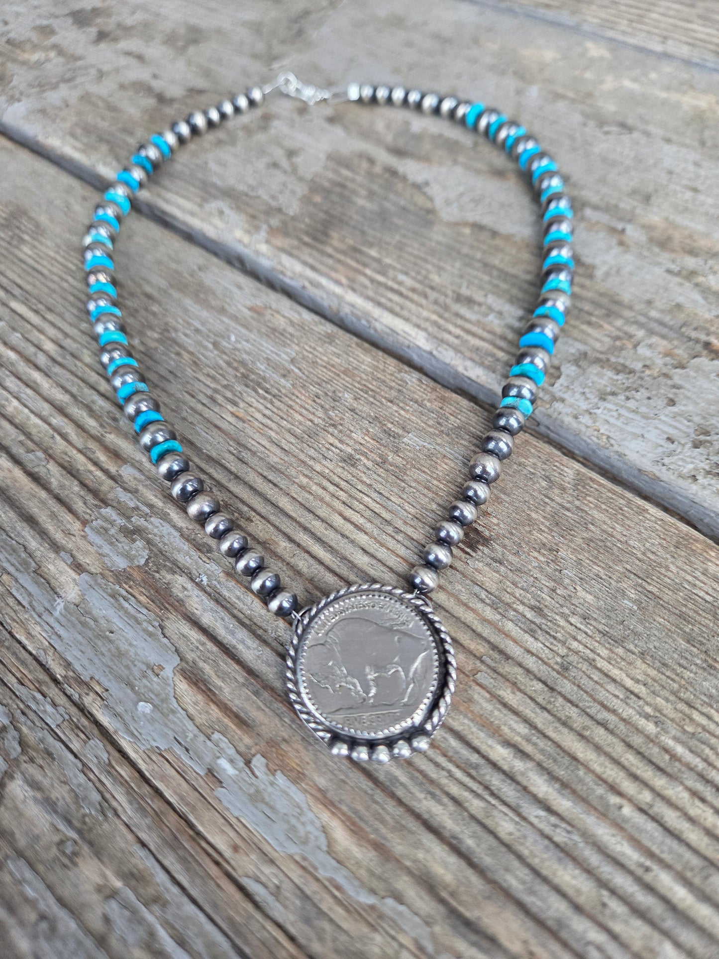 Buffalo Coin•Turquoise • Sterling Silver Navajo Style Pearls