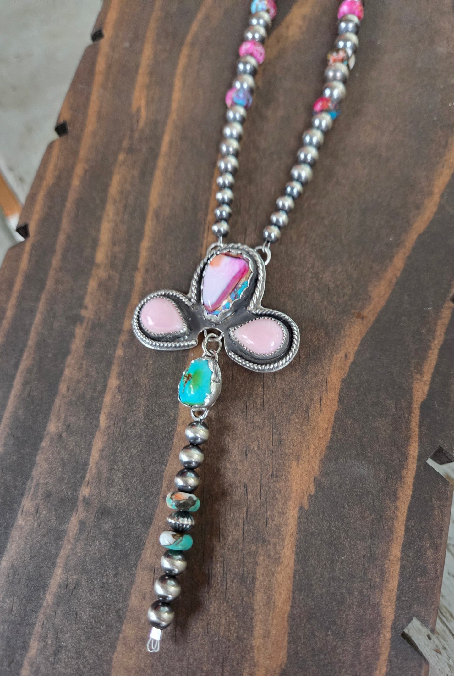 Pink Spiny• Pink Conch • Sonoran Mountain • Sterling Pearls• Purple & Orange Spiny beads.5 inches with 6 inch drop