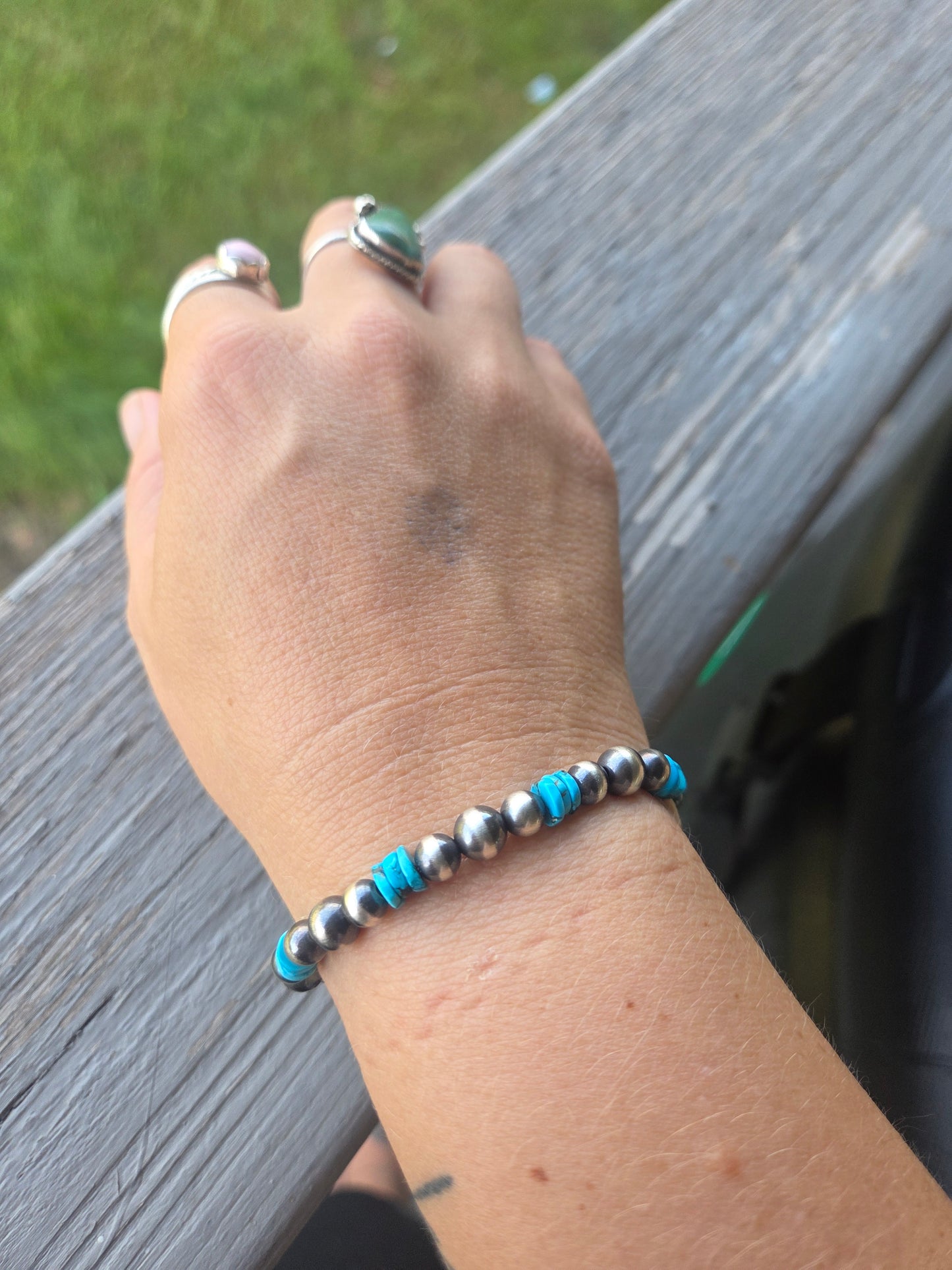 Turquoise & Sterling Silver Navajo Style Pearls.  Stretch Bracelet