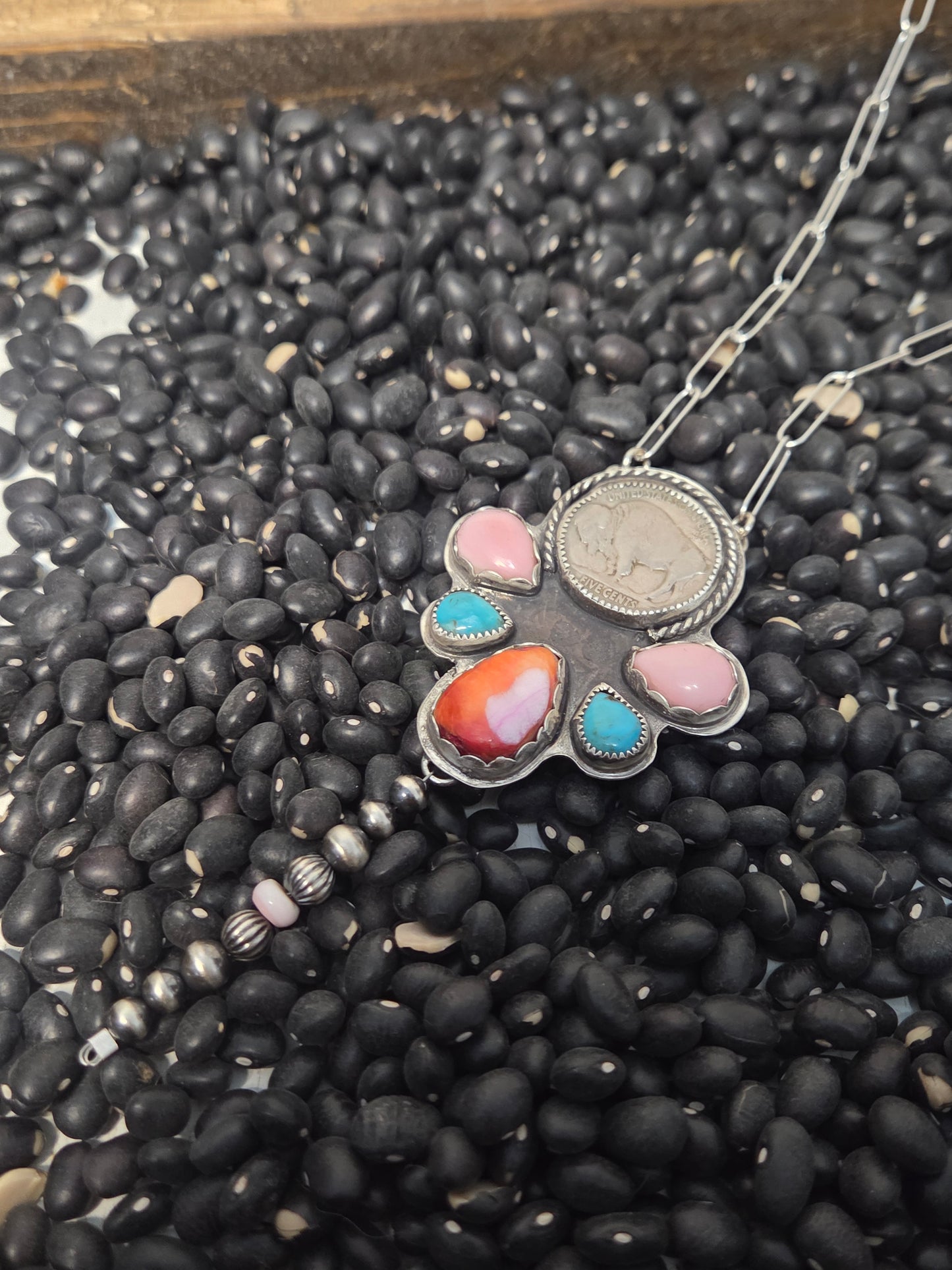 Buffalo Coin•Pink Spiny• Kingsmen Turquoise • Pink Conch with sterling pearls. 18 inches-adjustable chain