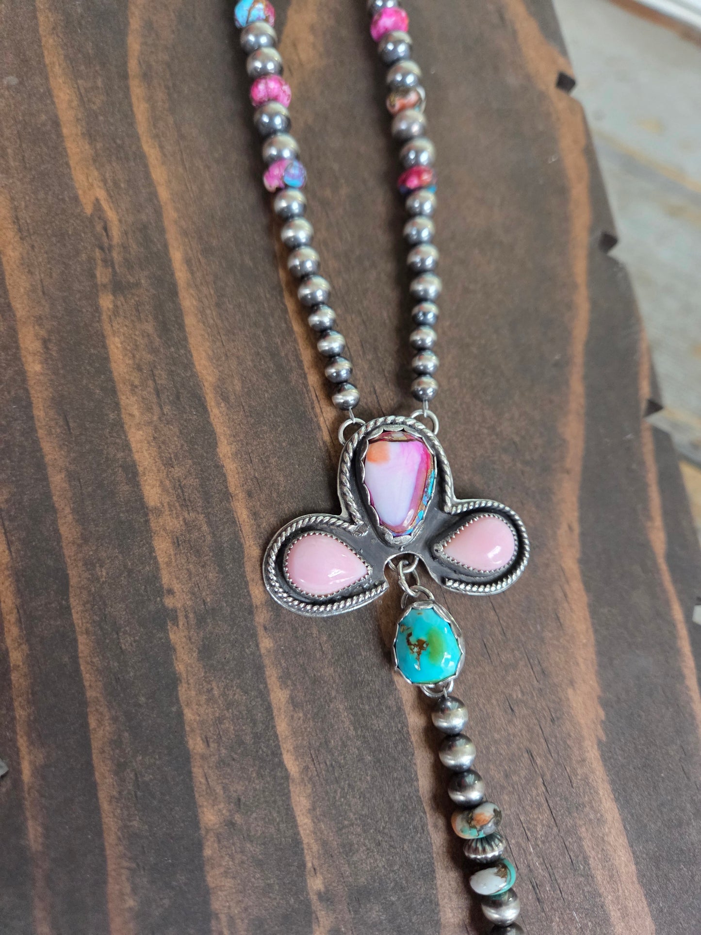 Pink Spiny• Pink Conch • Sonoran Mountain • Sterling Pearls• Purple & Orange Spiny beads.5 inches with 6 inch drop