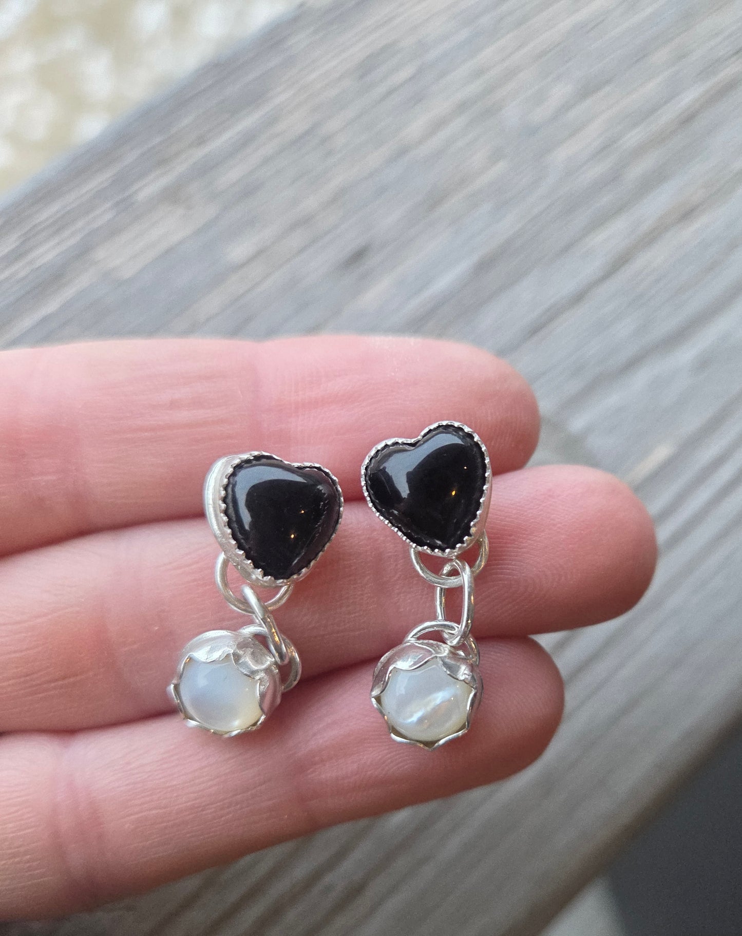 Black Onyx Heart & Mother of Pearl Earrings