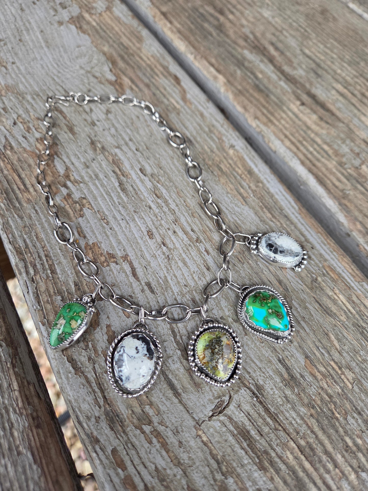 Choker Charm• Sonoran Turquoise • White Buffalo • Palomino •Adjustable up to 14.5 inches.