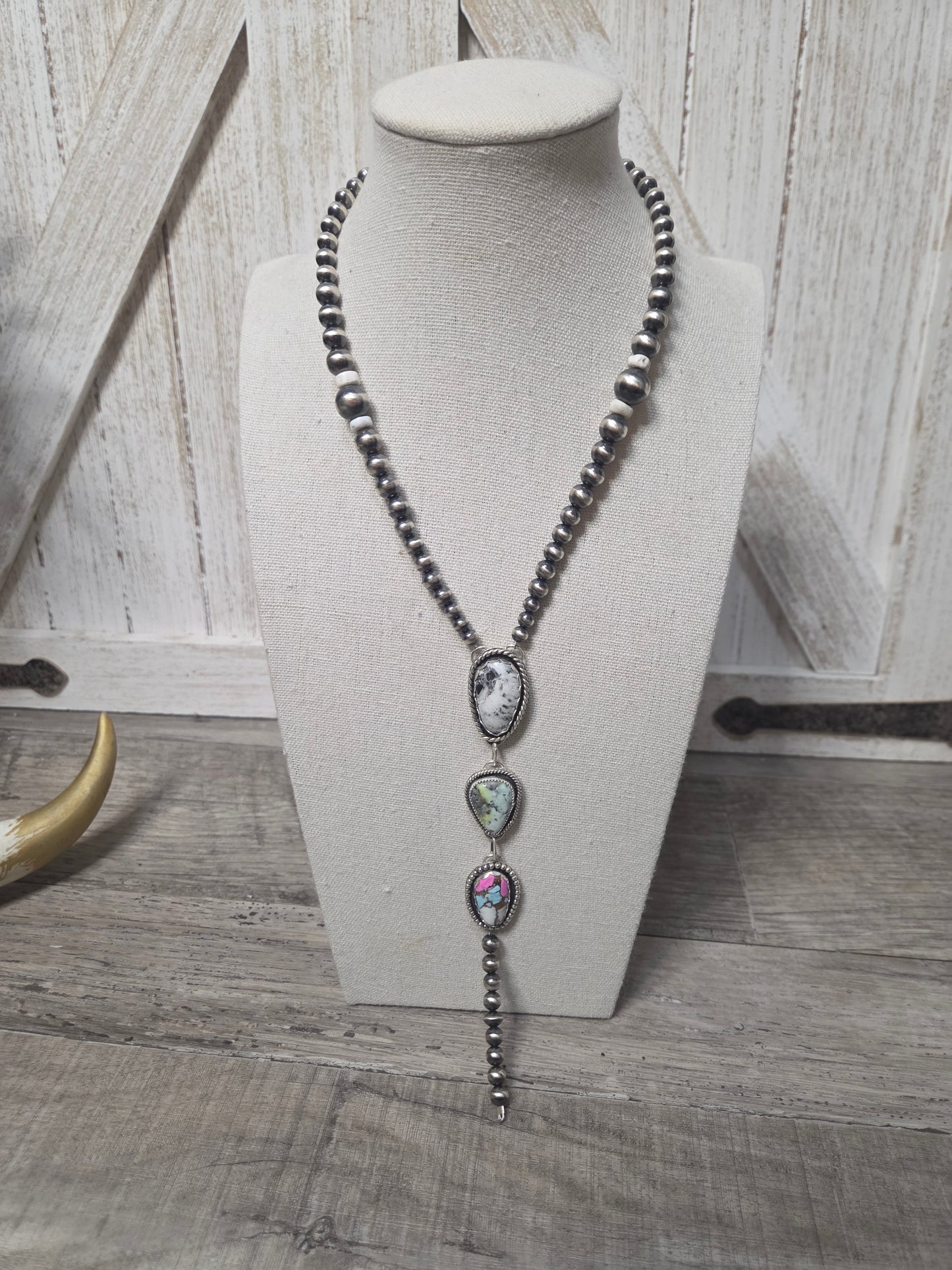 Lariat White Buffalo, Palomino, CottonCandy & Sterling Silver Navajo Style Pearl • 16 inches with 6 inch drop