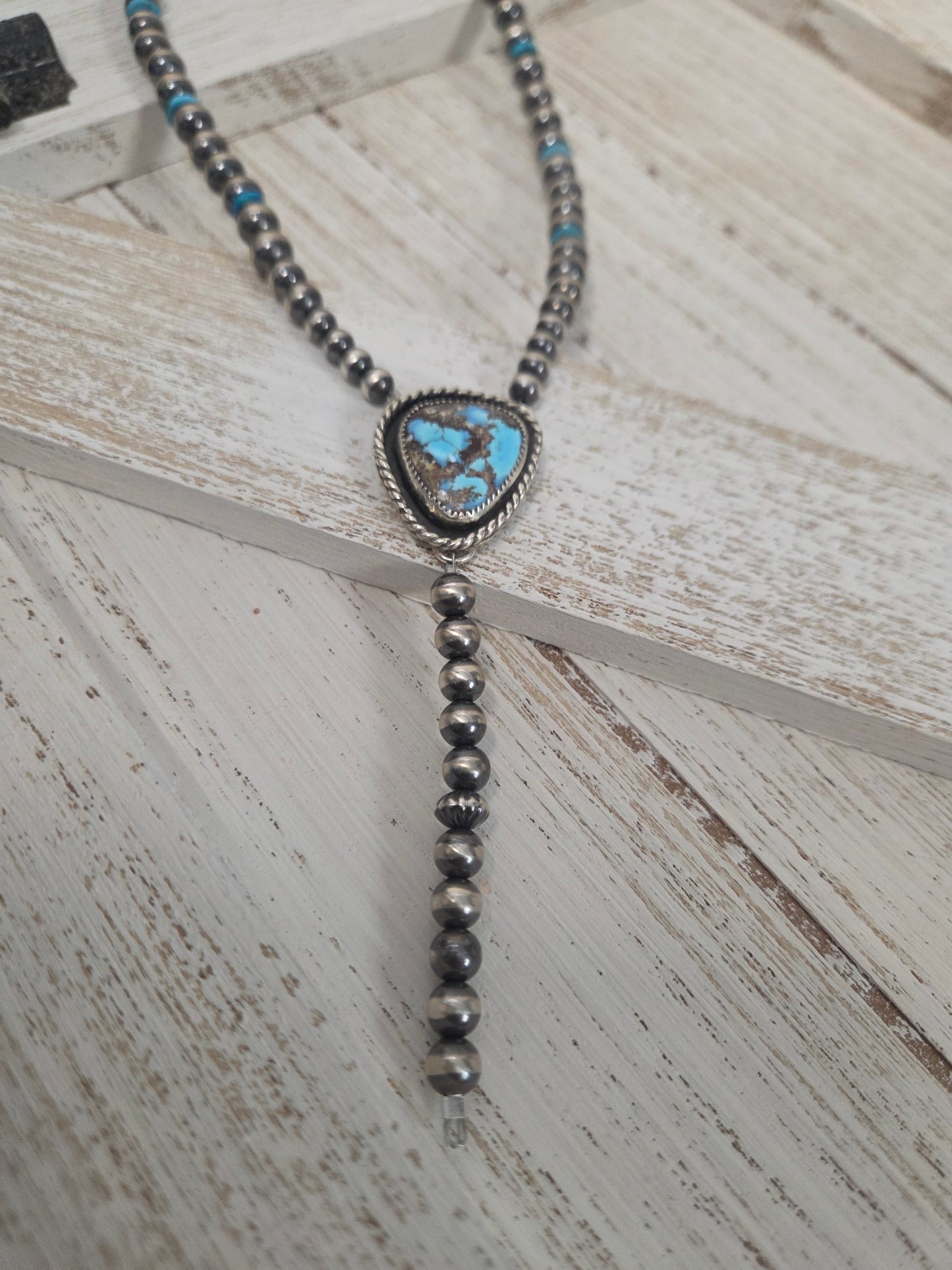 Golden Hill Turquoise Lariat & Sterling Silver Navajo Style Pearls & Turquoise 16 inches