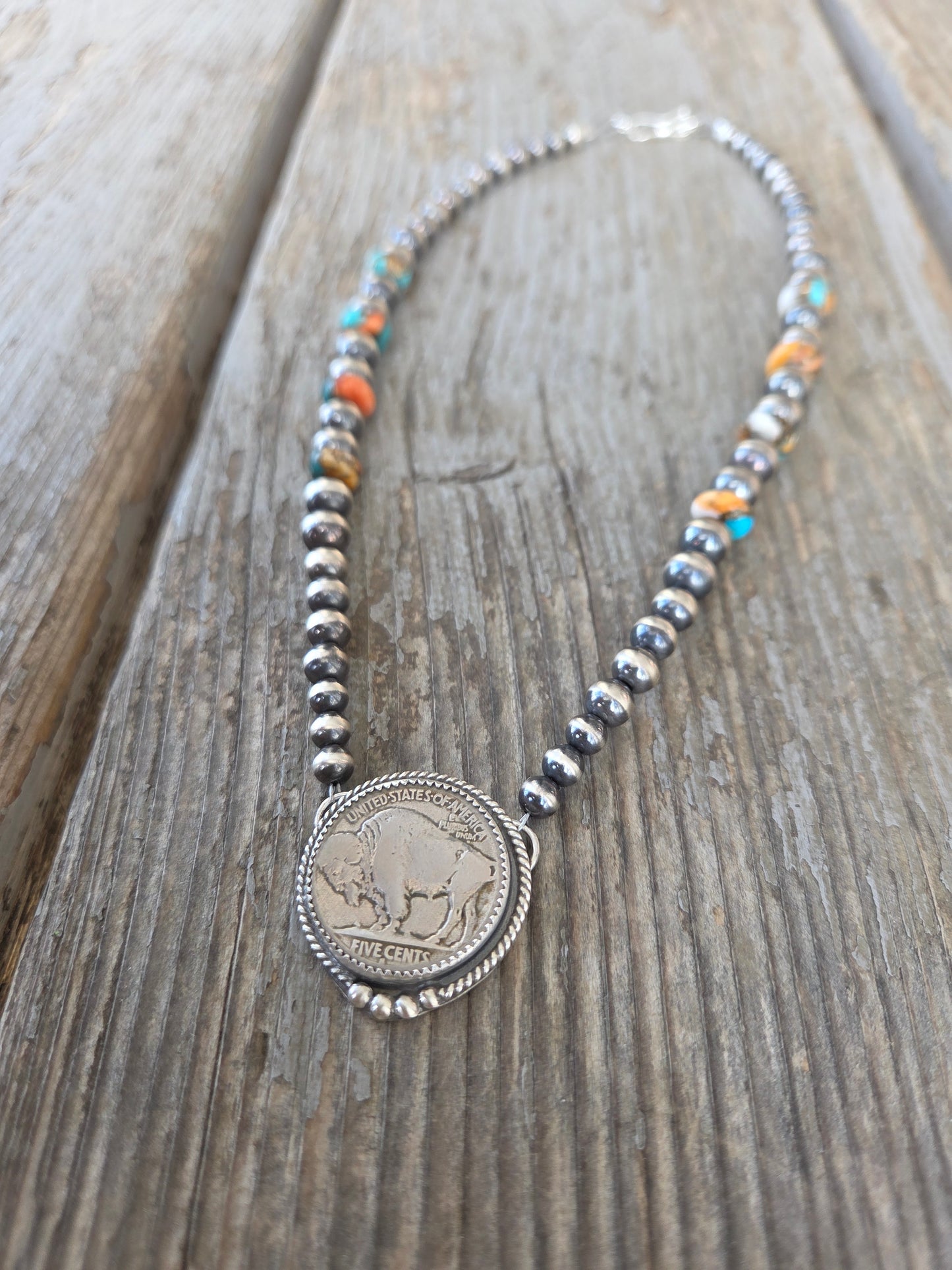 Buffalo Coin• Spiny Oyster Kingsmen Turquoise • Sterling Silver Navajo Style Pearl