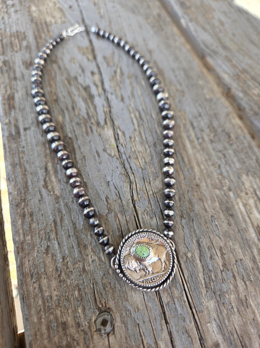 Buffalo Coin• Sonoran Turquoise • Sterling Silver Pearls