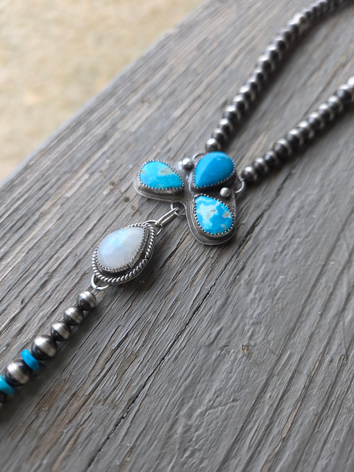 Blue Bird Turquoise & Moonstone Lariat & Sterling Silver Navajo Style Pearls 16 inches