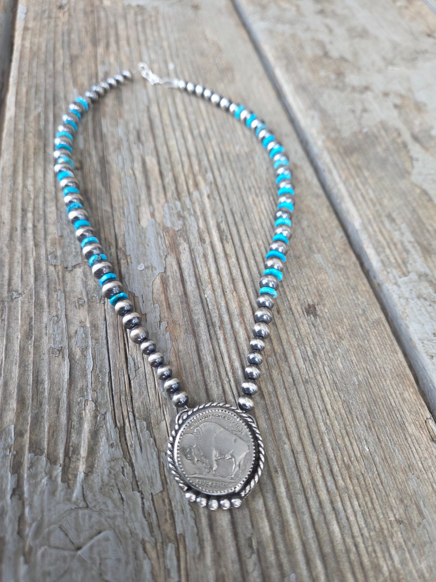 Buffalo Coin•Turquoise • Sterling Silver Navajo Style Pearls