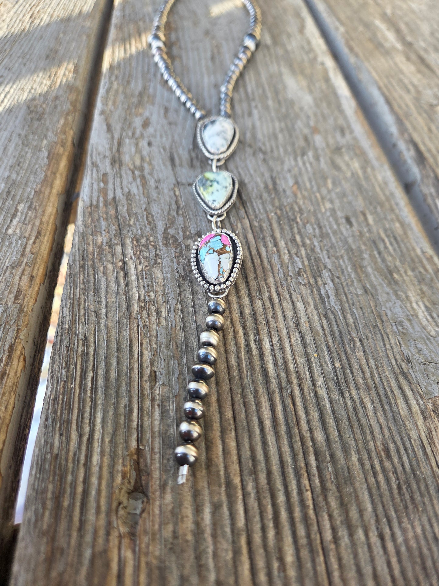 Lariat White Buffalo, Palomino, CottonCandy & Sterling Silver Navajo Style Pearl • 16 inches with 6 inch drop