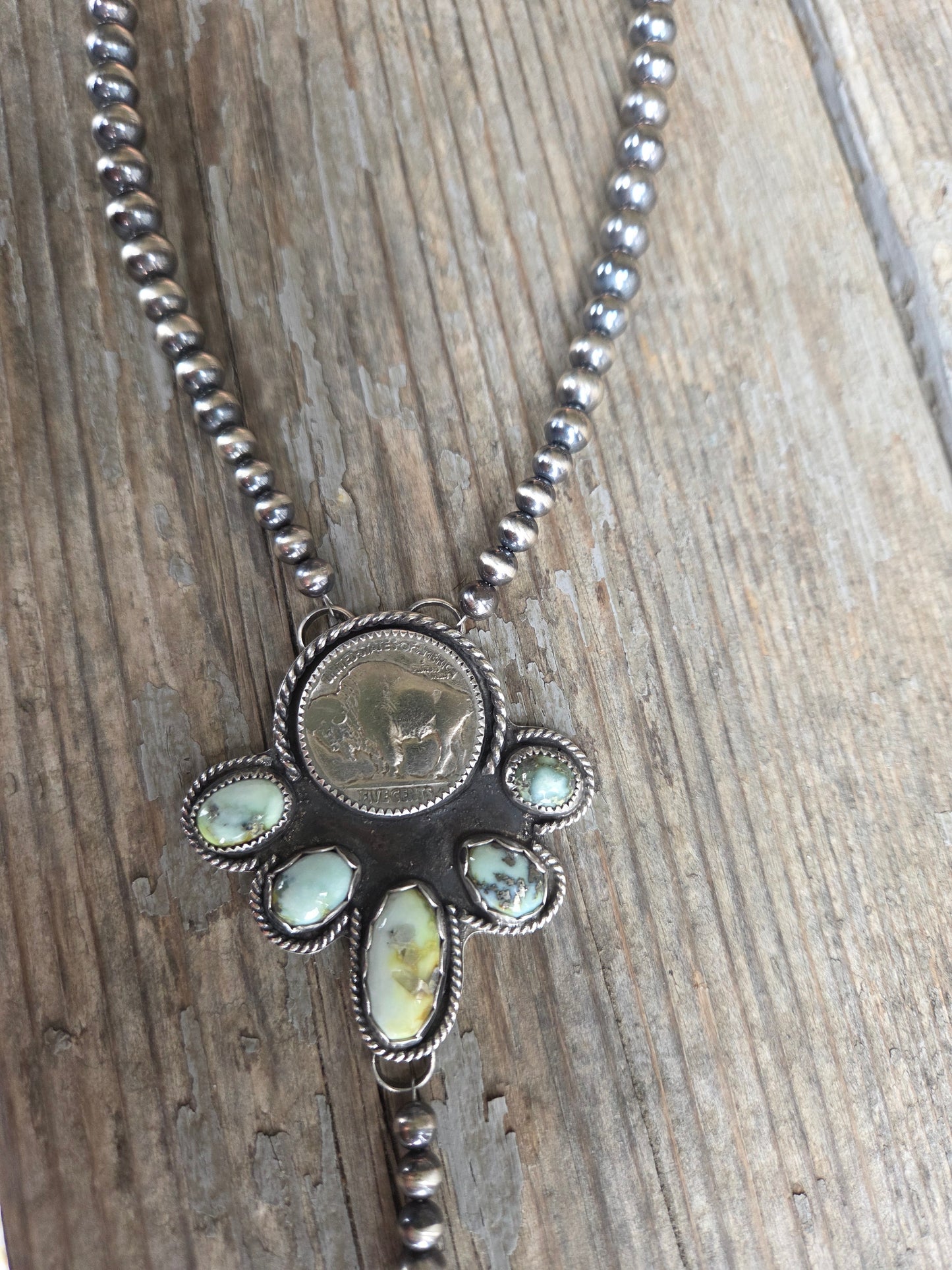 Buffalo Coin• Palomino & Sterling Silver Navajo Style Pearls. 16 inches