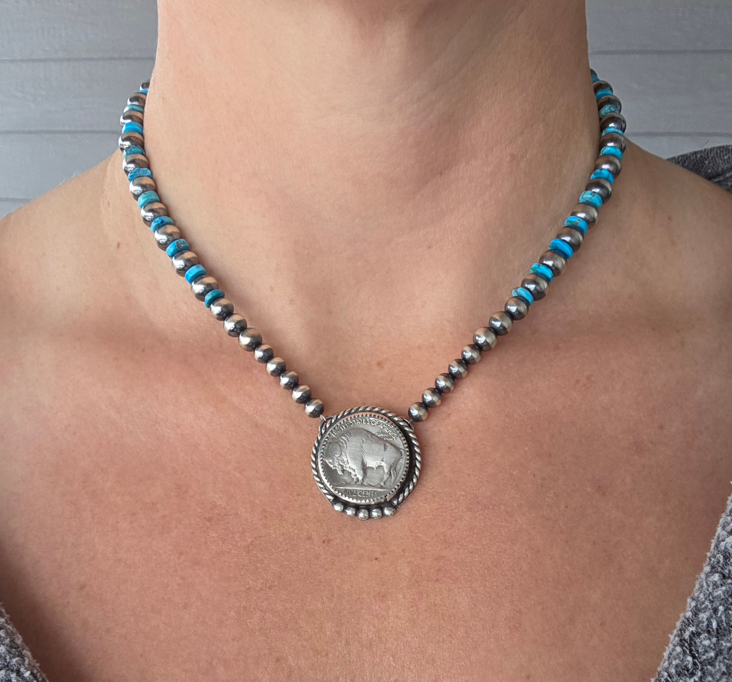 Buffalo Coin•Turquoise • Sterling Silver Navajo Style Pearls