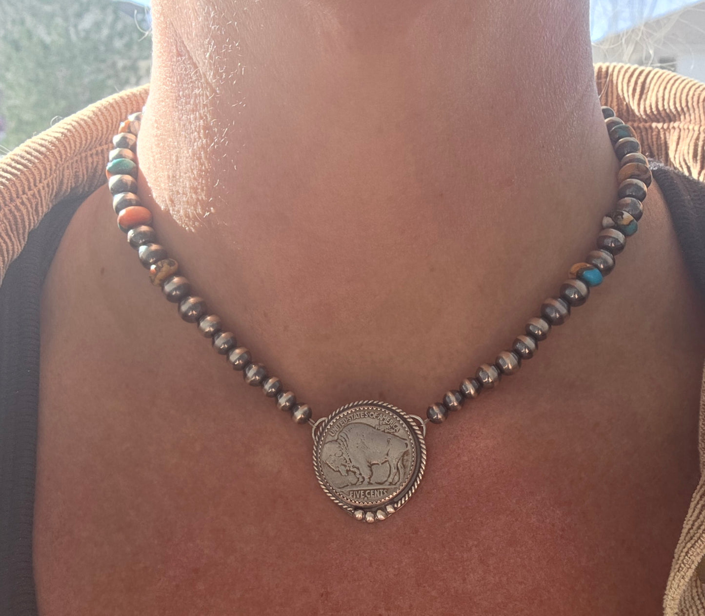 Buffalo Coin• Spiny Oyster Kingsmen Turquoise • Sterling Silver Navajo Style Pearl