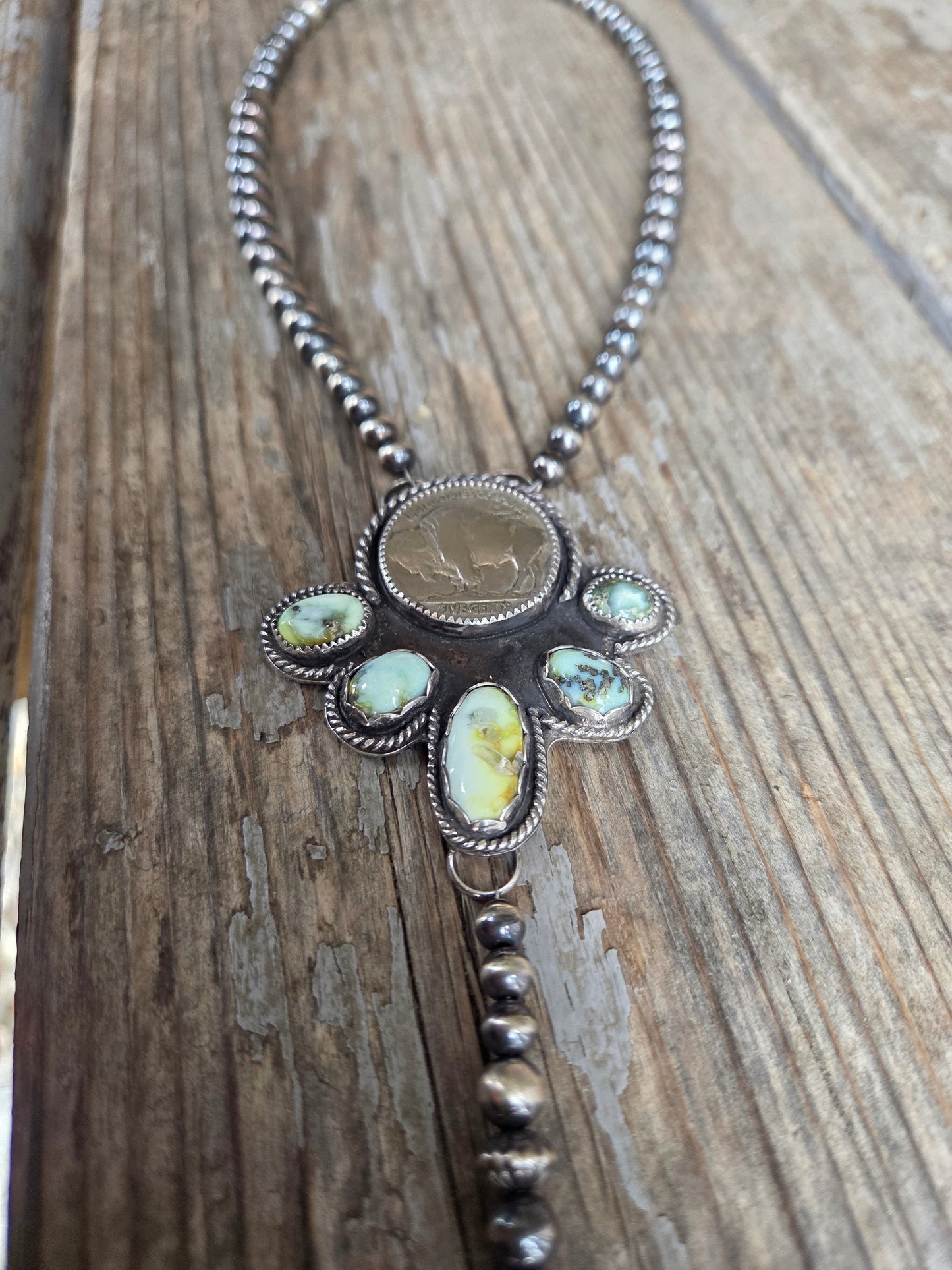 Buffalo Coin• Palomino & Sterling Silver Navajo Style Pearls. 16 inches