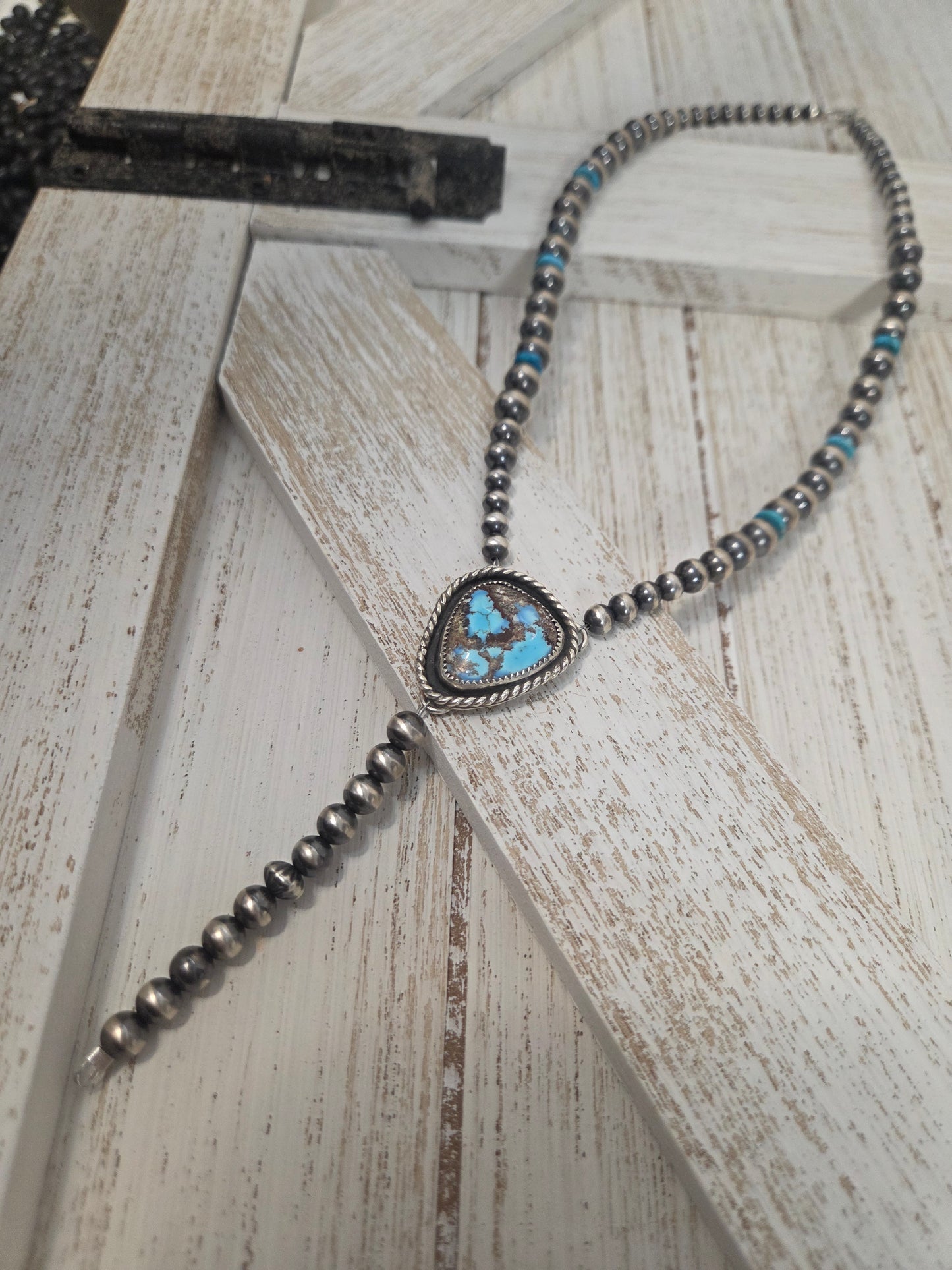 Golden Hill Turquoise Lariat & Sterling Silver Navajo Style Pearls & Turquoise 16 inches