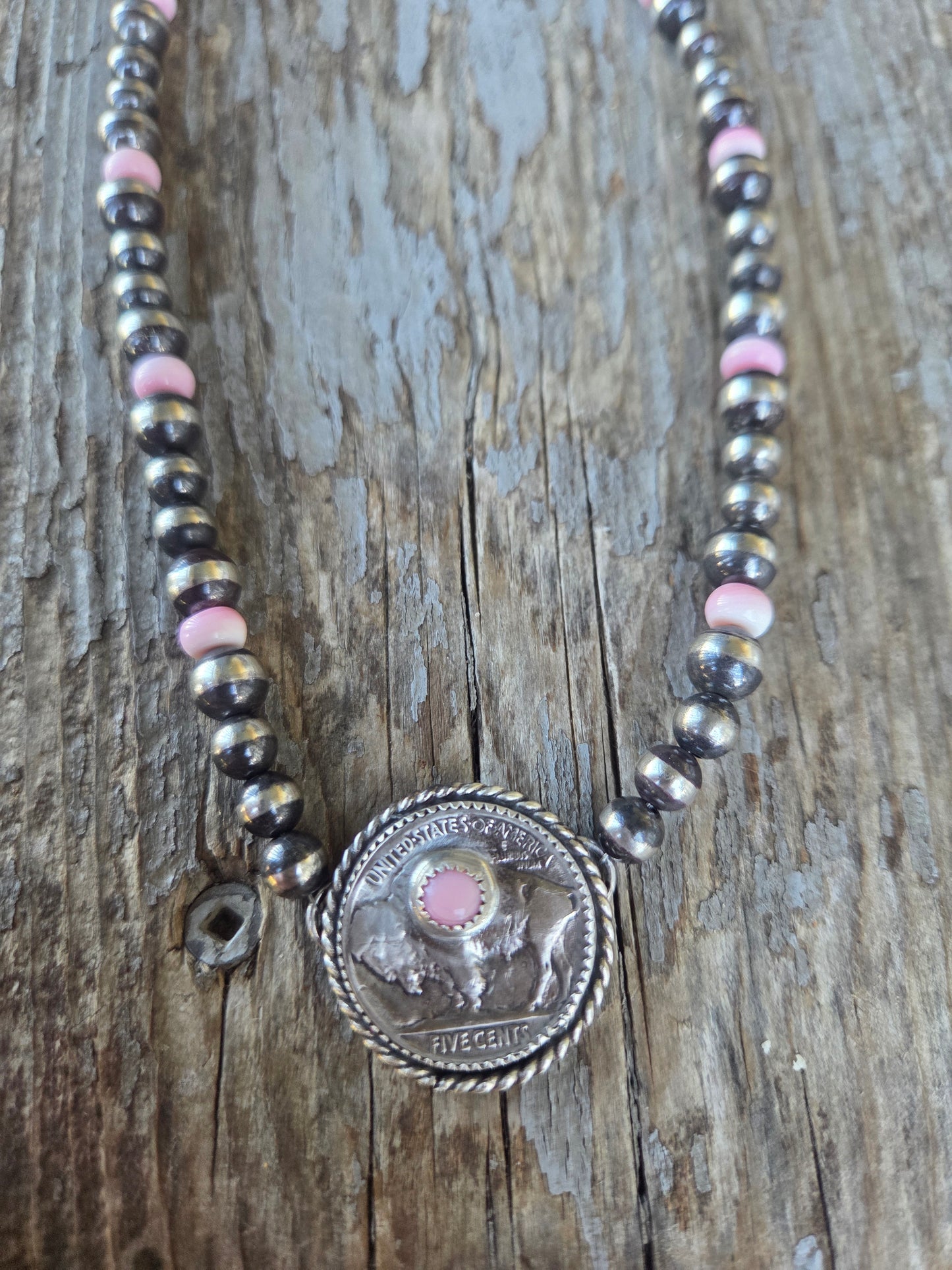 Buffalo Coin  & Pink Conch • Sterling Silver Pearls •