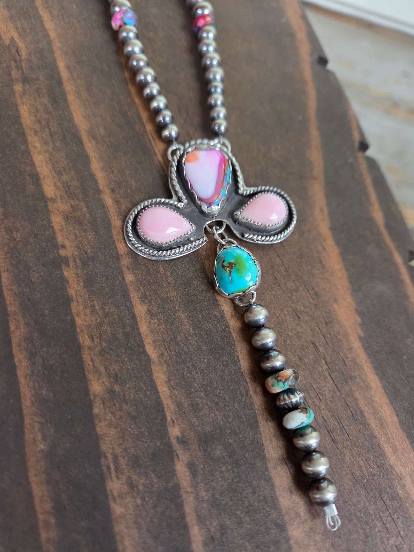 Pink Spiny• Pink Conch • Sonoran Mountain • Sterling Pearls• Purple & Orange Spiny beads.5 inches with 6 inch drop