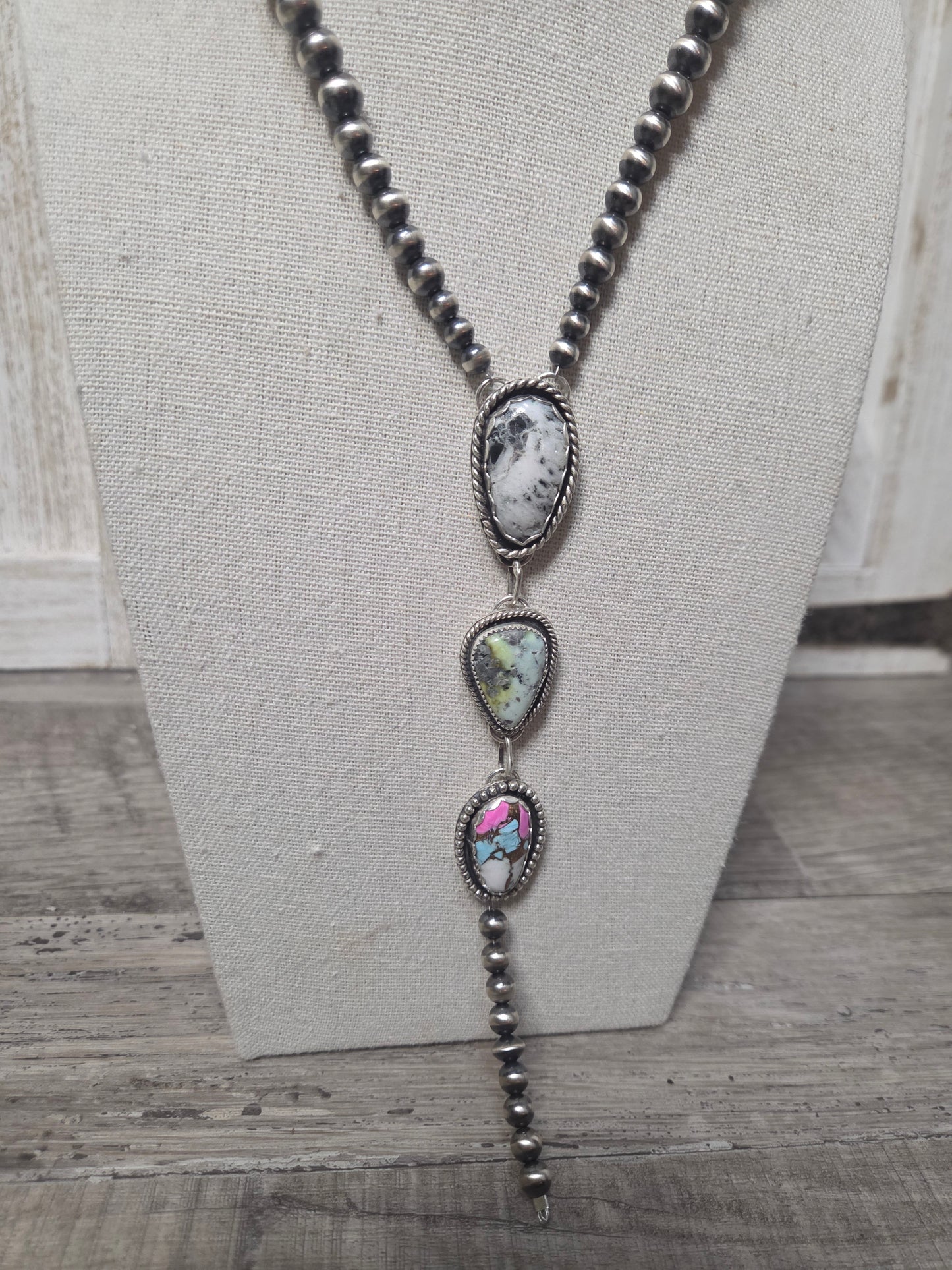 Lariat White Buffalo, Palomino, CottonCandy & Sterling Silver Navajo Style Pearl • 16 inches with 6 inch drop