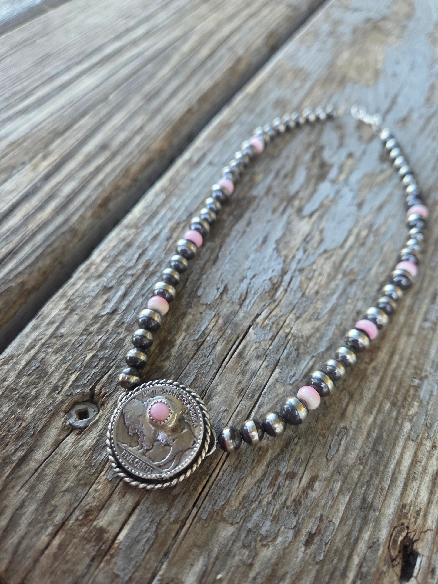 Buffalo Coin  & Pink Conch • Sterling Silver Pearls •